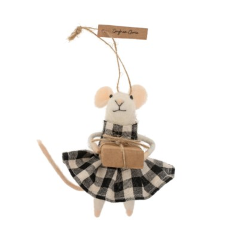 Indaba Felted Mouse Ornament - Gingham Gloria