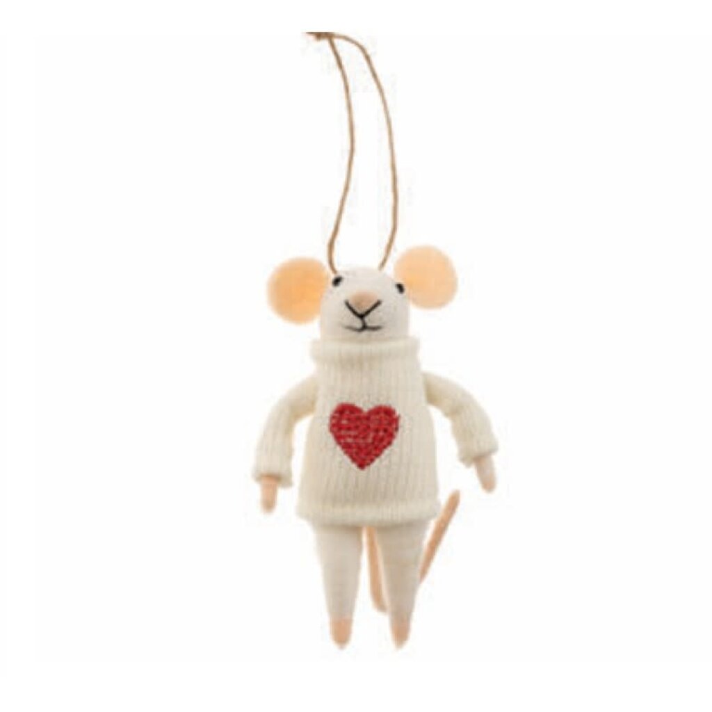 Indaba Felted Mouse Ornament - Happy Heart