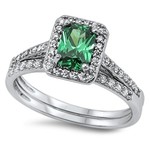 Silver Emerald Green Halo Bridal Set