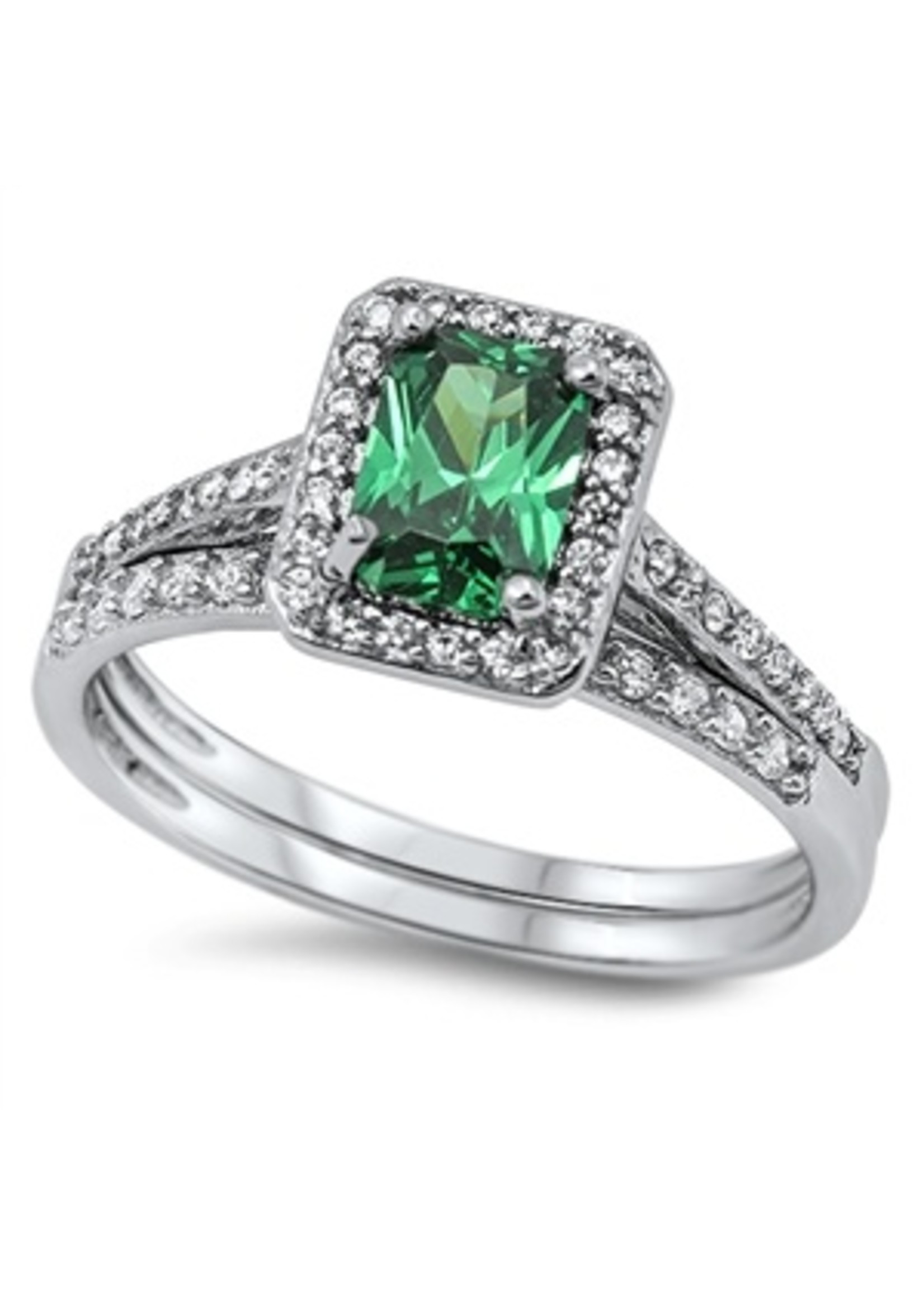 Lily Ana Silver Emerald Green Halo Bridal Set