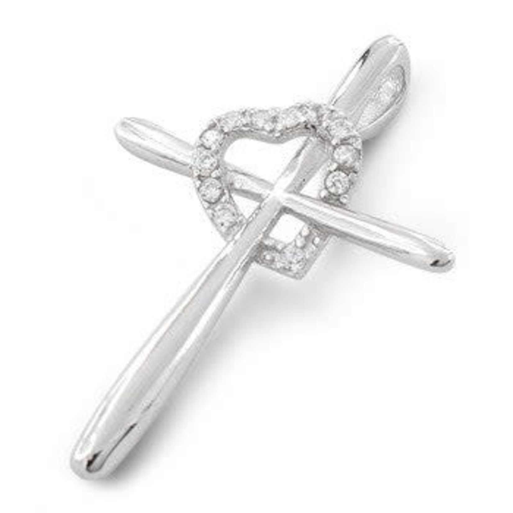 CZ Silver Cross Pendant with Intertwined Heart