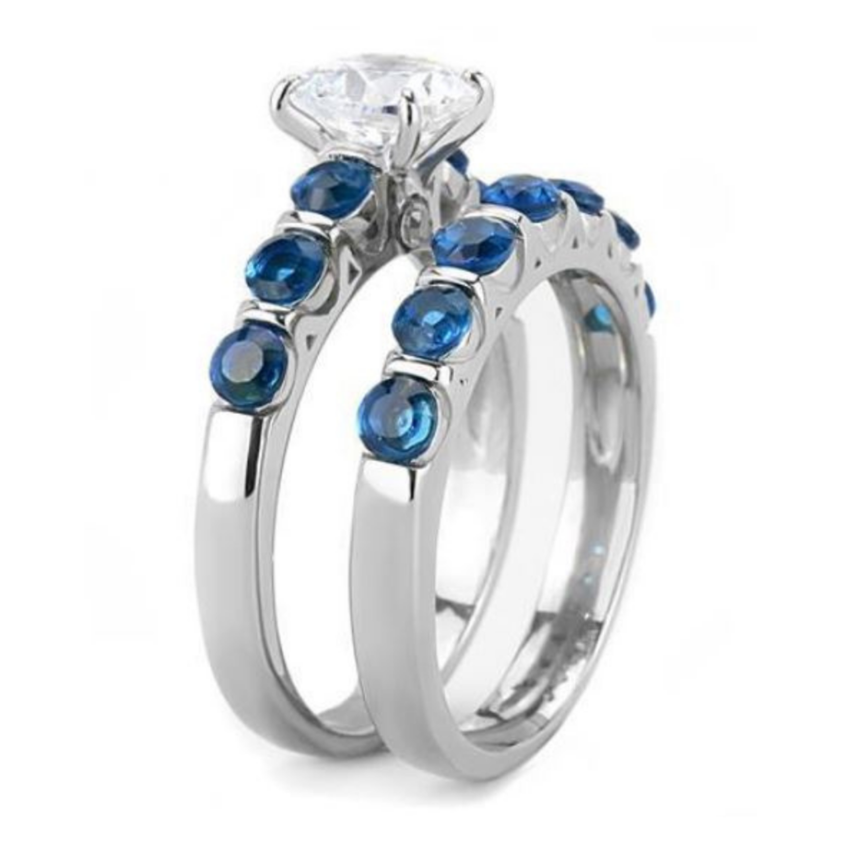 ROS Clear & Blue Stone Wedding Ring Set