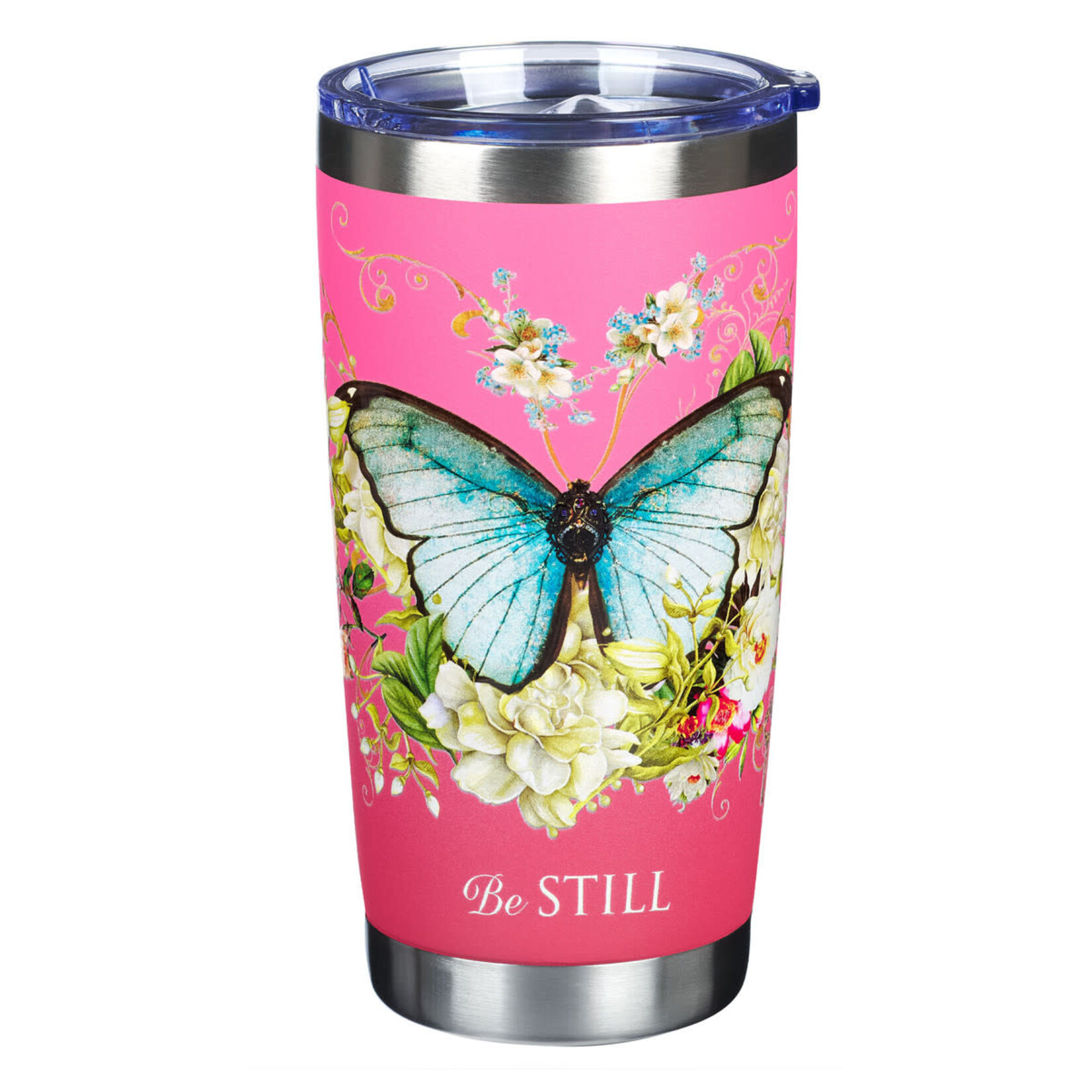 Christian Art Gifts Travel Mug Pink Butterfly Be Still