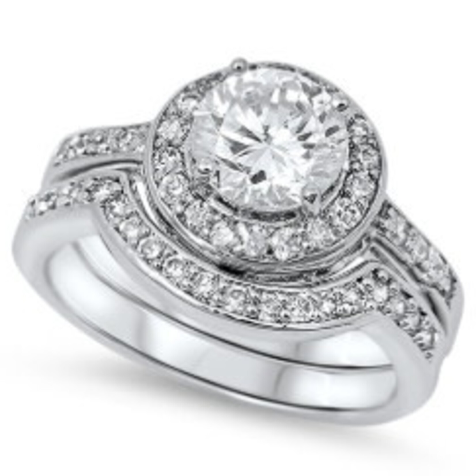 Lily Ana Silver Round Halo Bridal Set