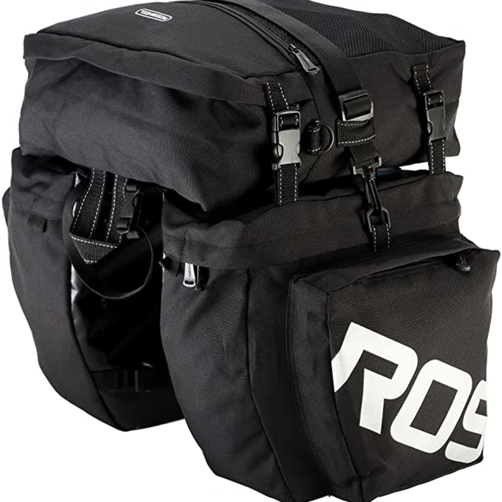 ROSWHEEL Pannier set, Top bag and side bags, water resistant,  Side bags H33/W30cm, Top bag  H34/W30cm, 1000D reinforced polyester, Black