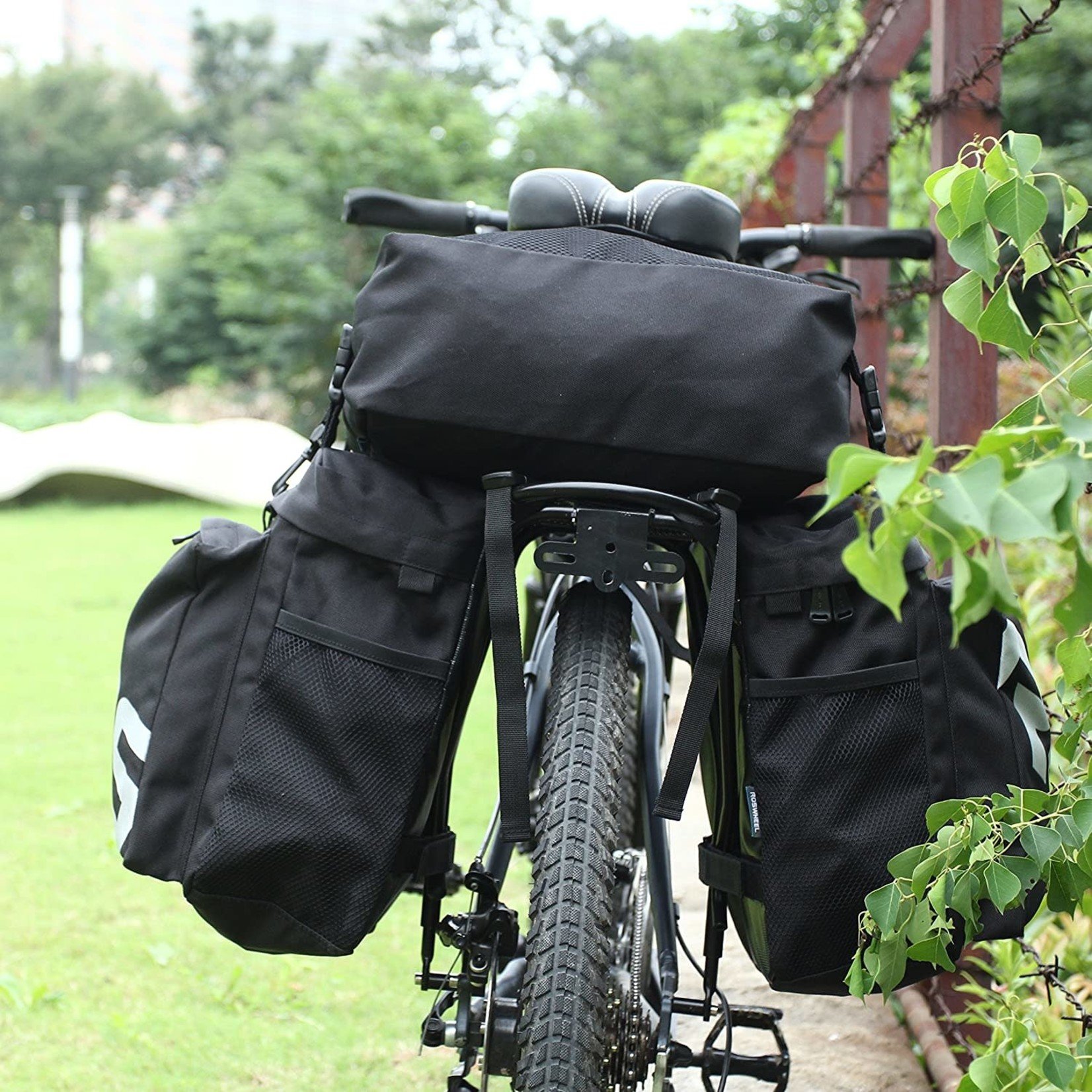 ROSWHEEL Pannier set, Top bag and side bags, water resistant,  Side bags H33/W30cm, Top bag  H34/W30cm, 1000D reinforced polyester, Black