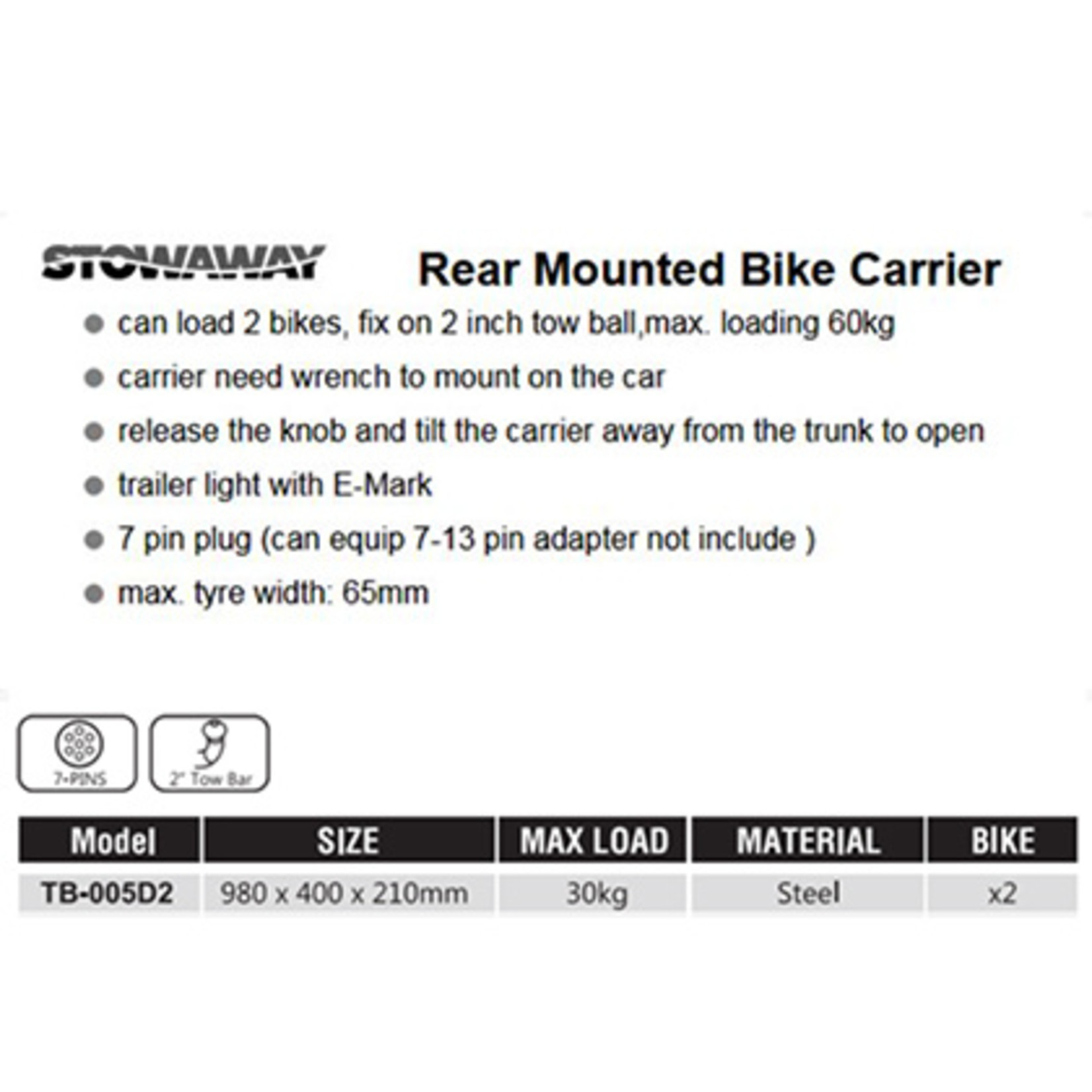 Car Rack Bike Carrier STOWAWAY - Tow Ball Mount, 2 Bikes