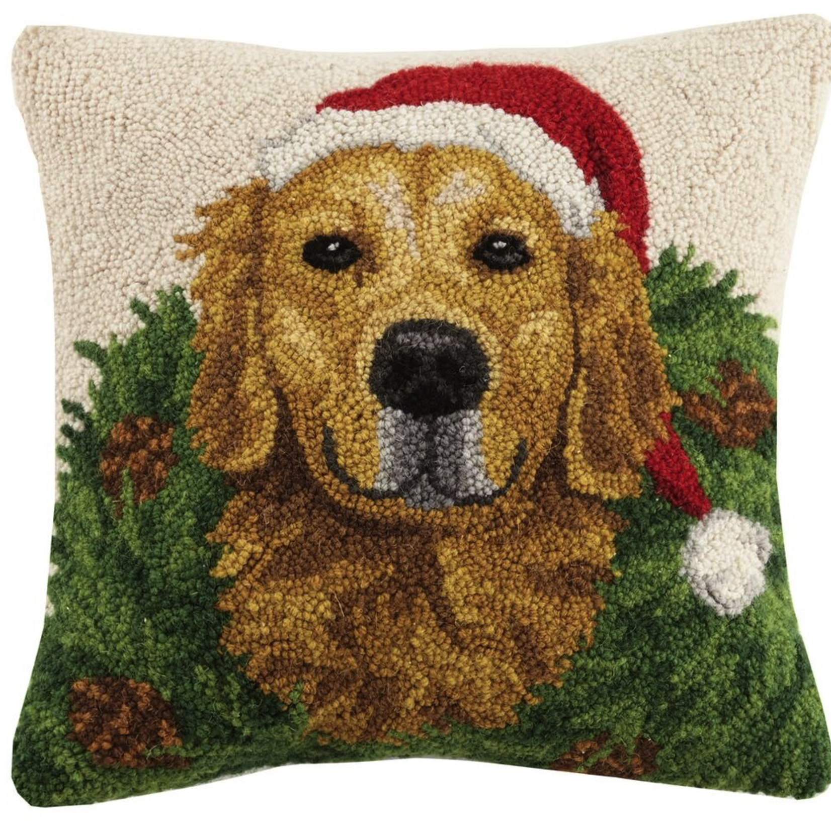 Pillows - Hooked Santa Retriever With Wreath Pillow