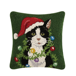 Pillows - Hooked Holiday Cat With Garland Pillow