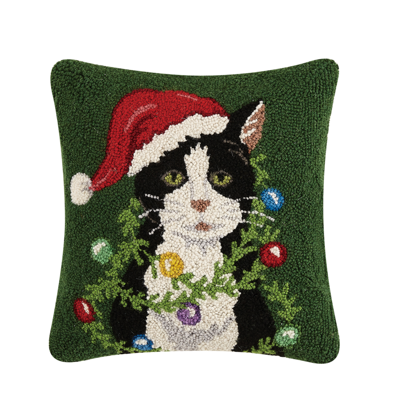 Pillows - Hooked Holiday Cat With Garland Pillow