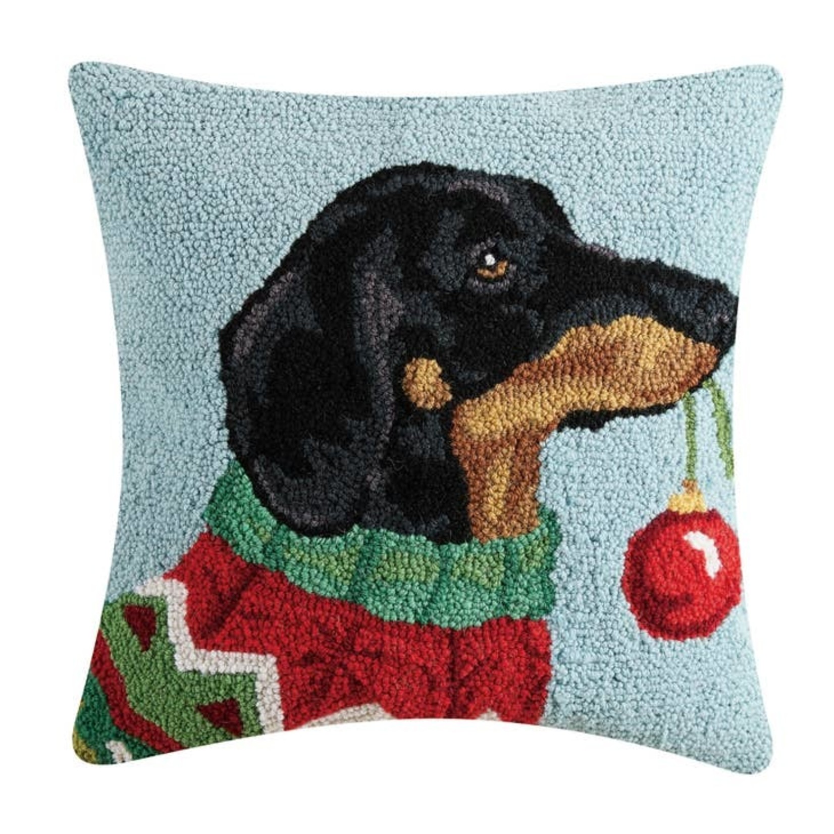 Pillows - Hooked Holiday Dachshund With Ornament Pillow