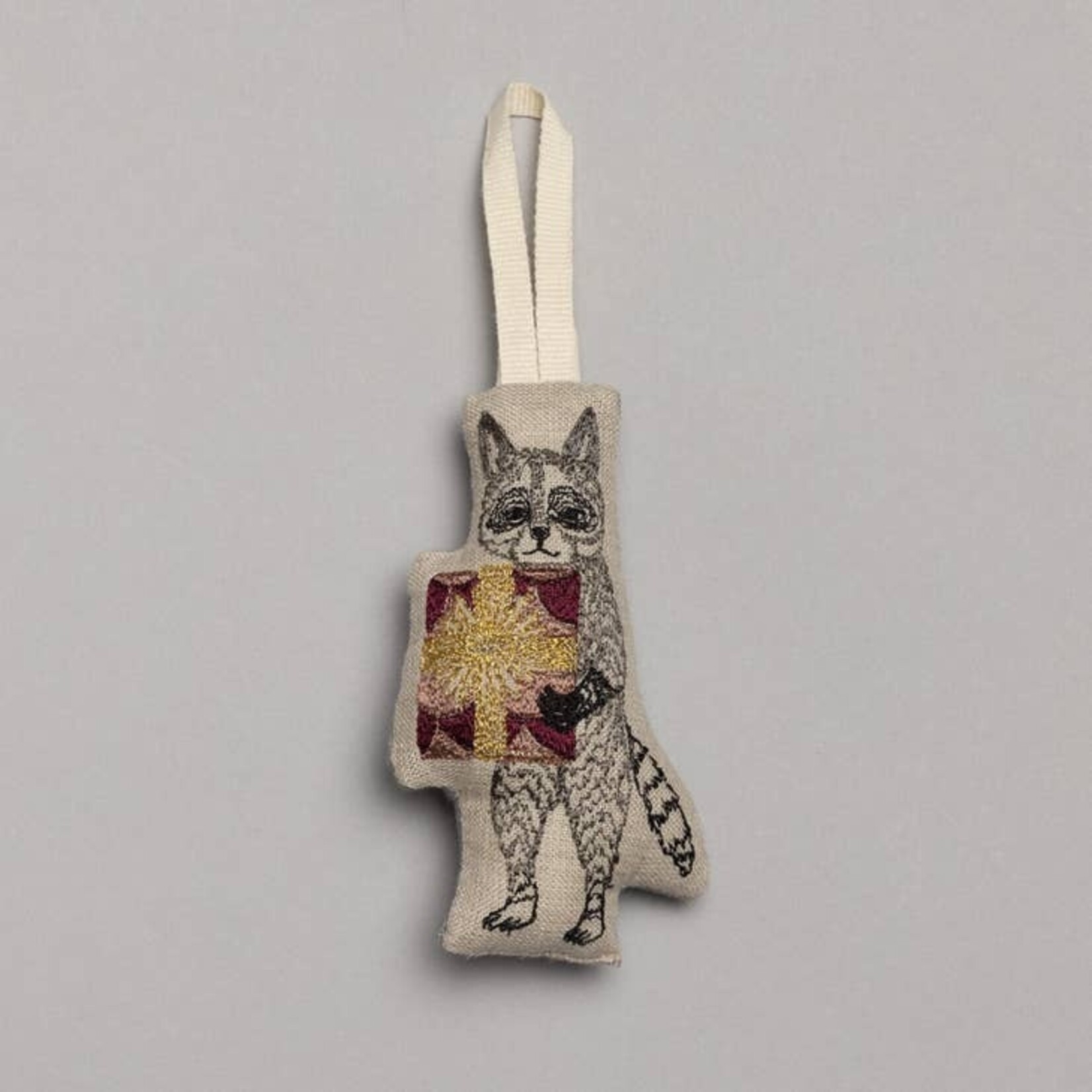 Ornaments - Embroidered Raccoon With Present Ornament