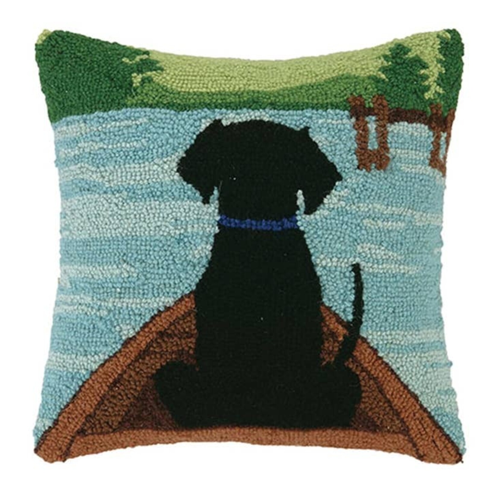 Pillows - Hooked Black Dog In Canoe Pillow