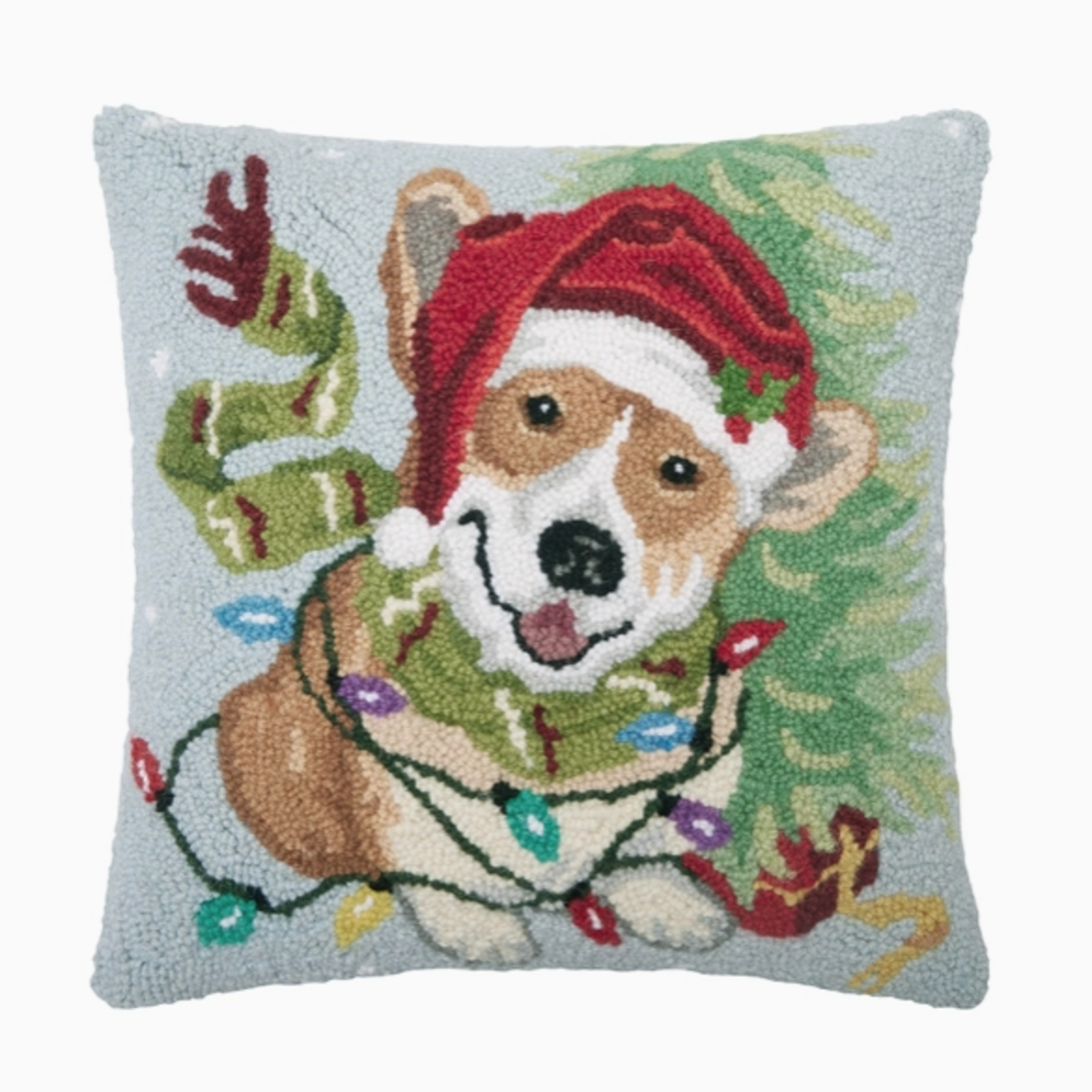 Pillows - Hooked Christmas Corgi With Lights Pillow