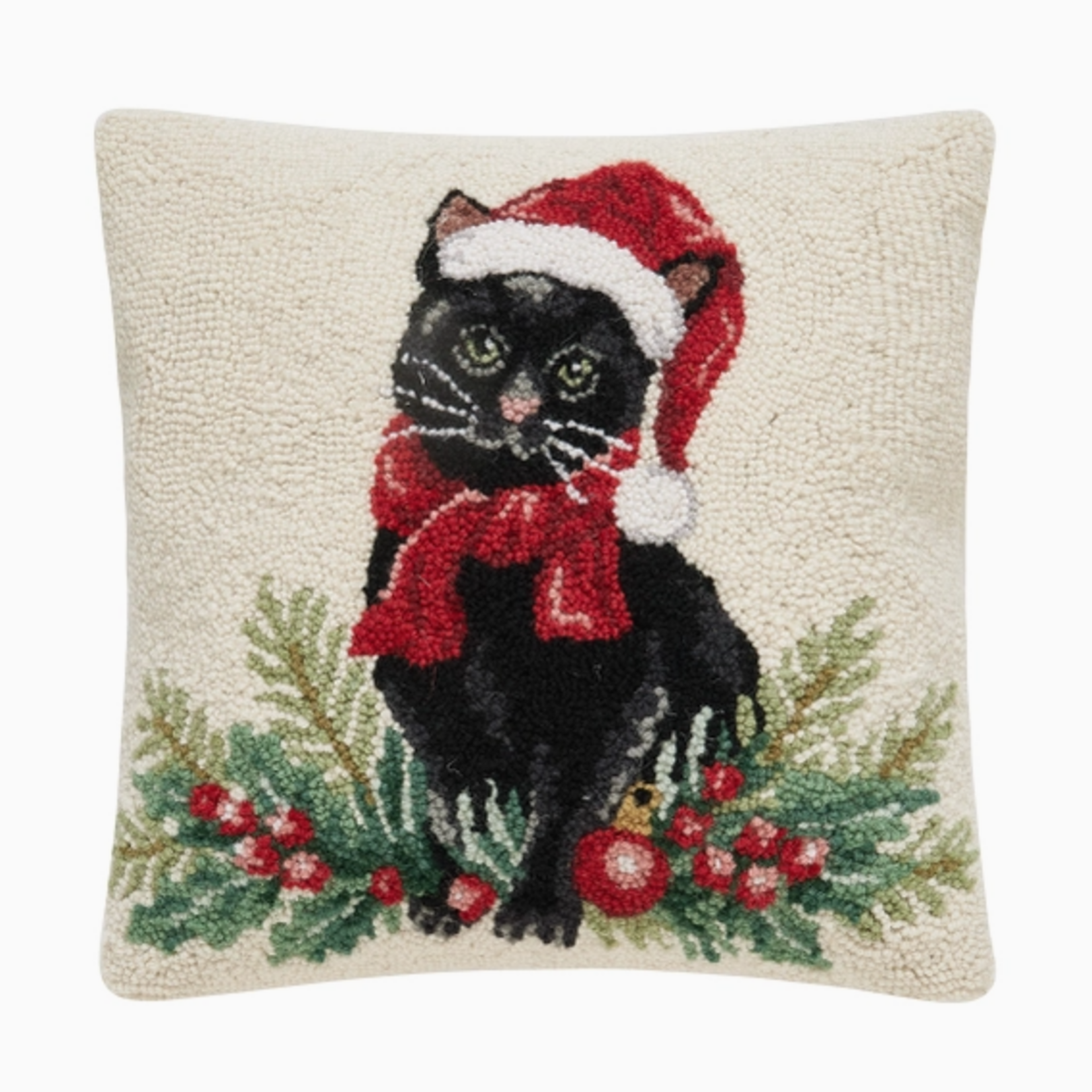 Pillows - Hooked Christmas Black Kitten Pillow