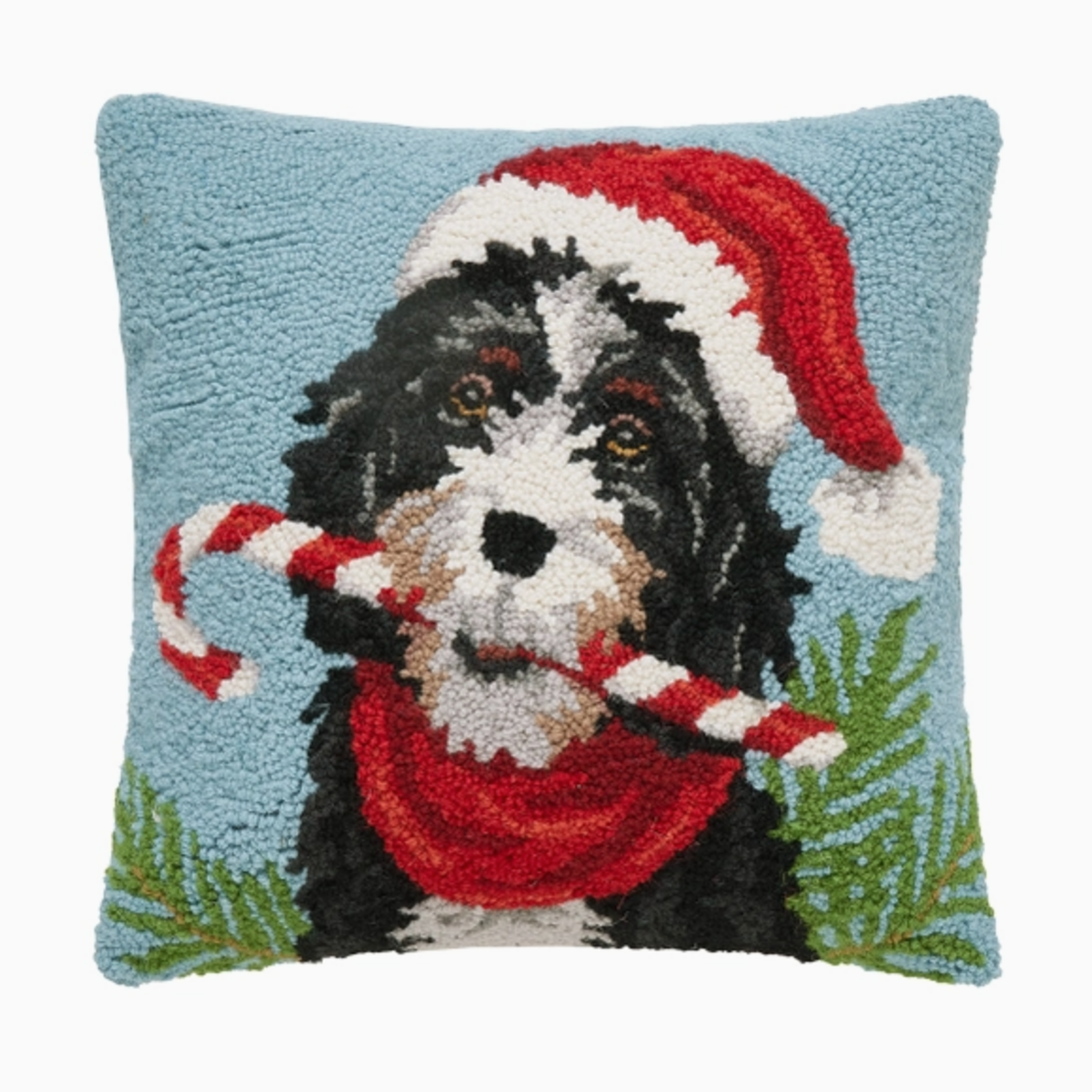 Pillows - Hooked Christmas Candy Cane Bernedoodle Pillow