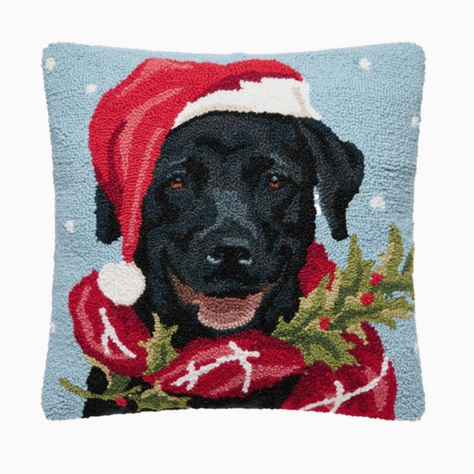 Pillows - Hooked Santa With Scarf Black Lab Pillow