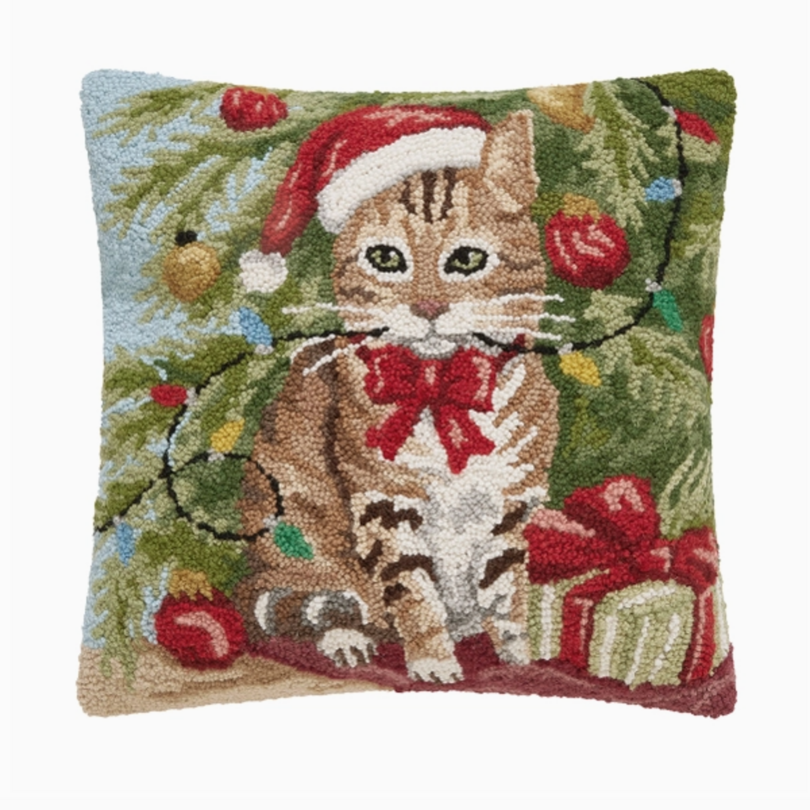 Pillows - Hooked Christmas Tabby Cat Pillow