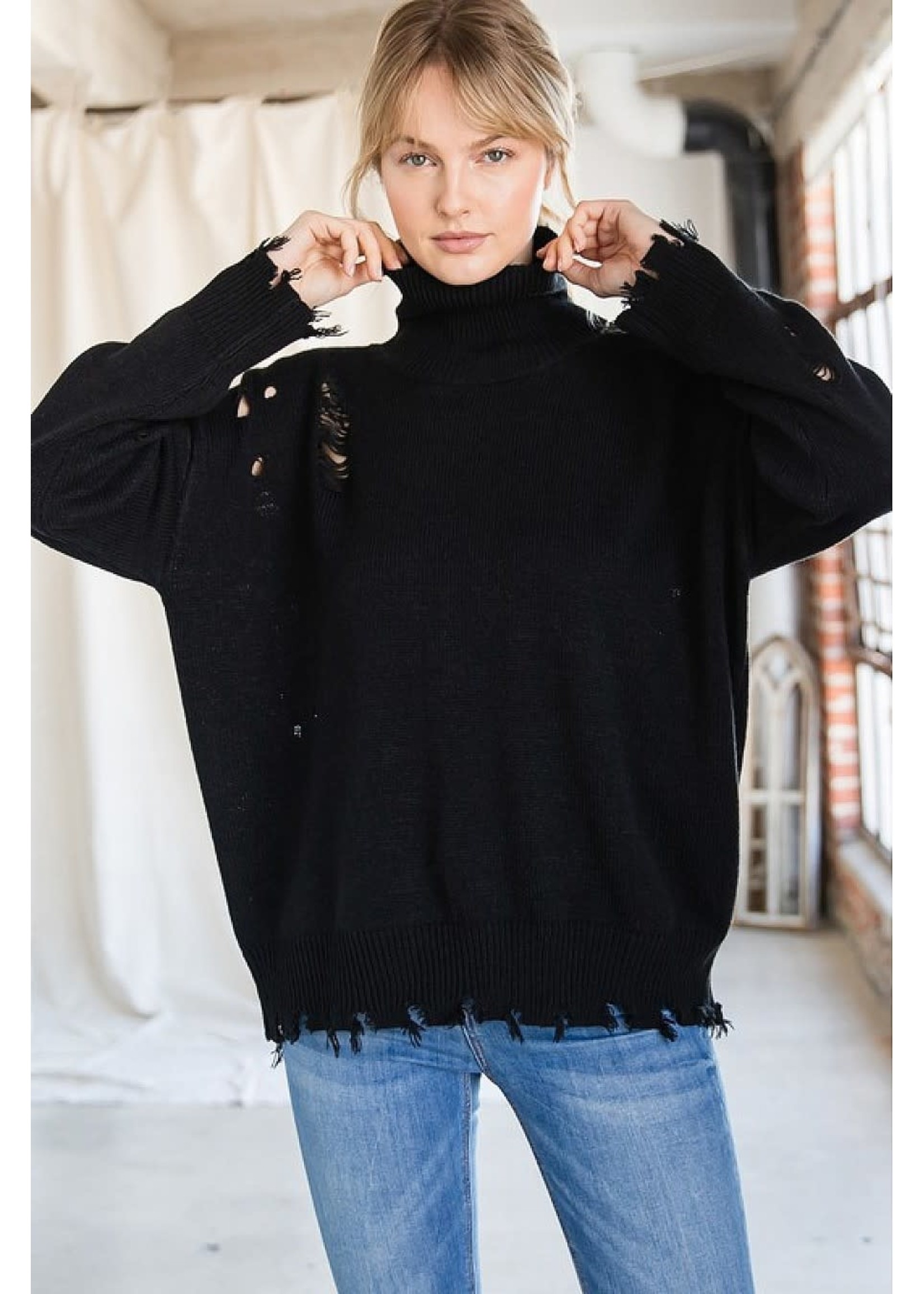 GeeGee Plus Distressed Turtle Neck Sweater