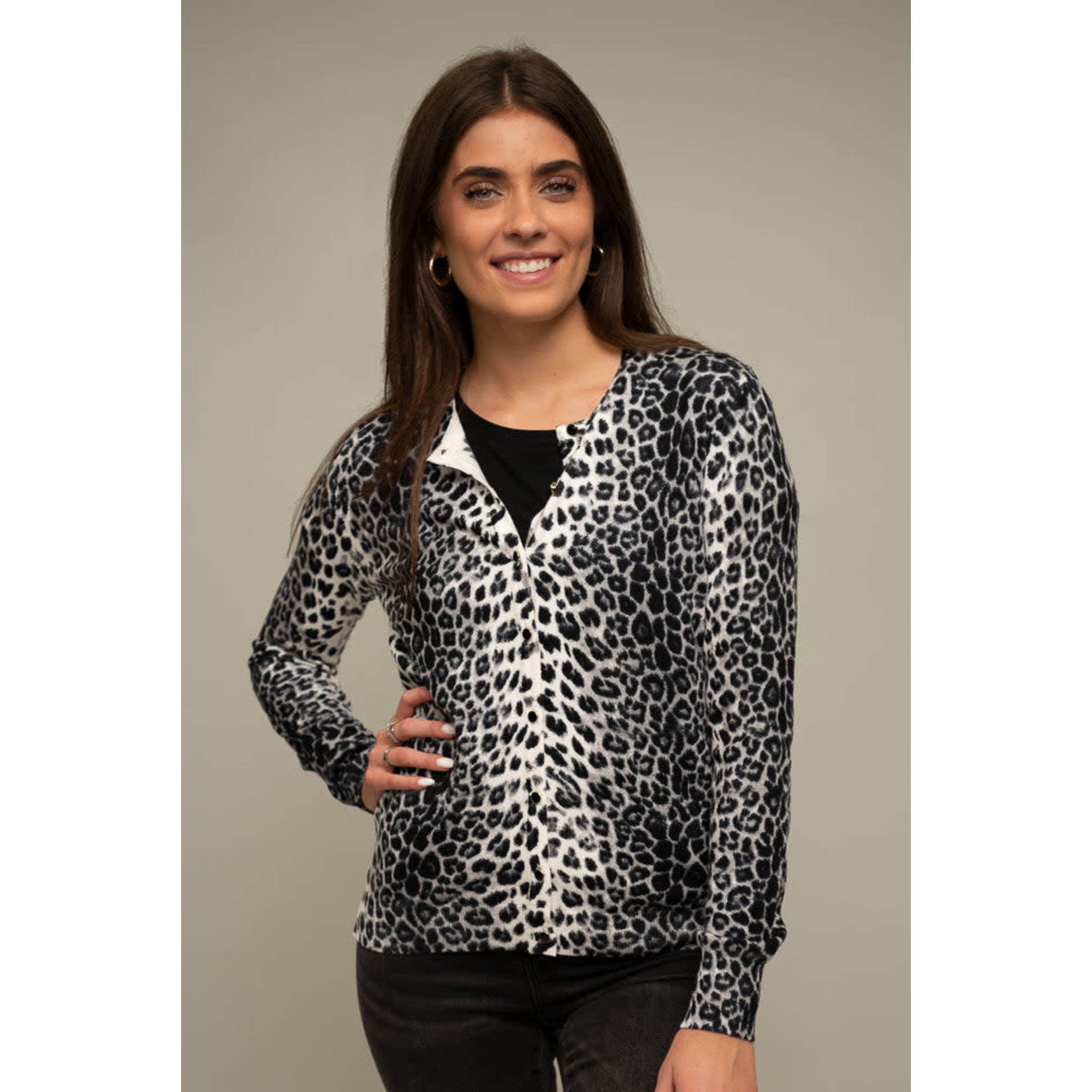 Ava Paige Snow Leopard Print Button Front Cardigan