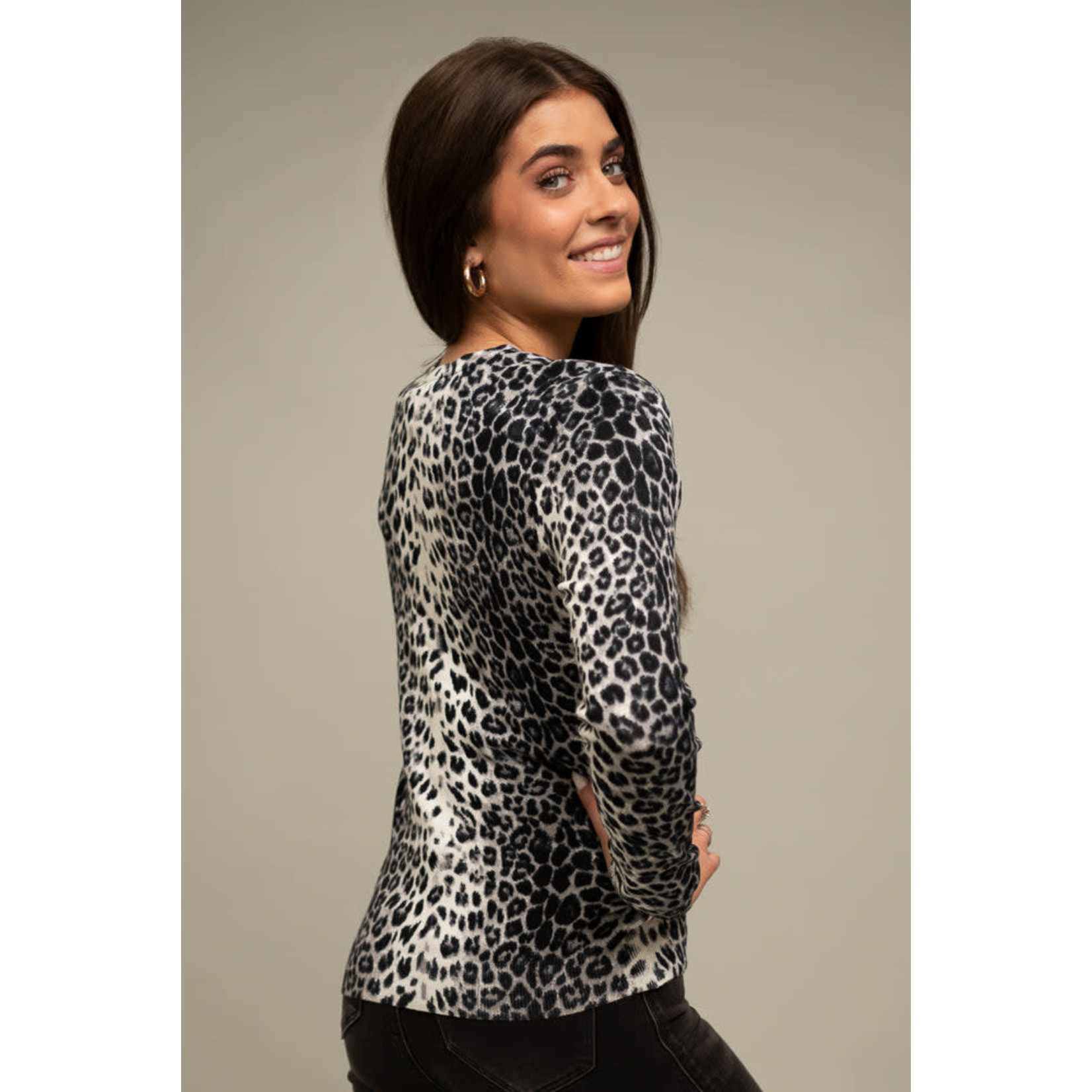 Ava Paige Snow Leopard Print Button Front Cardigan