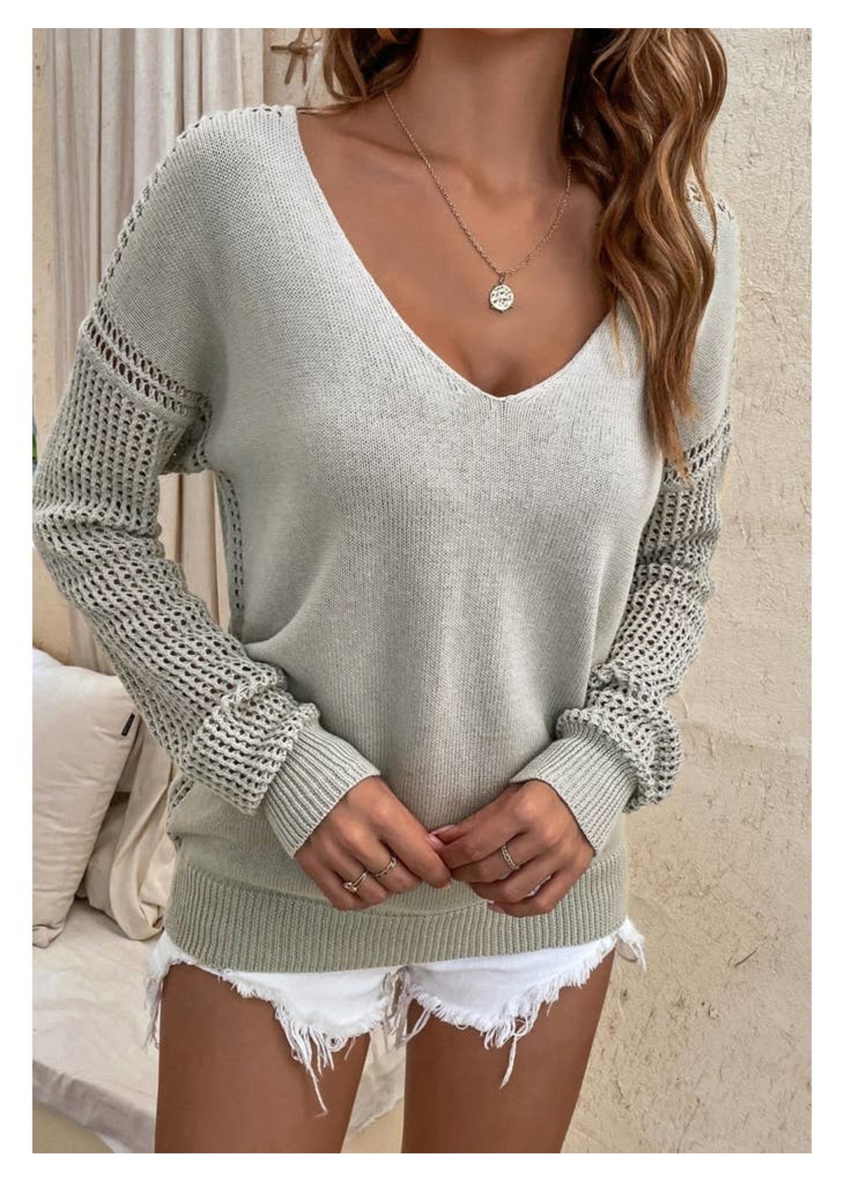 Anna Kaci Textured Crochet Knit Sleeve Sweater