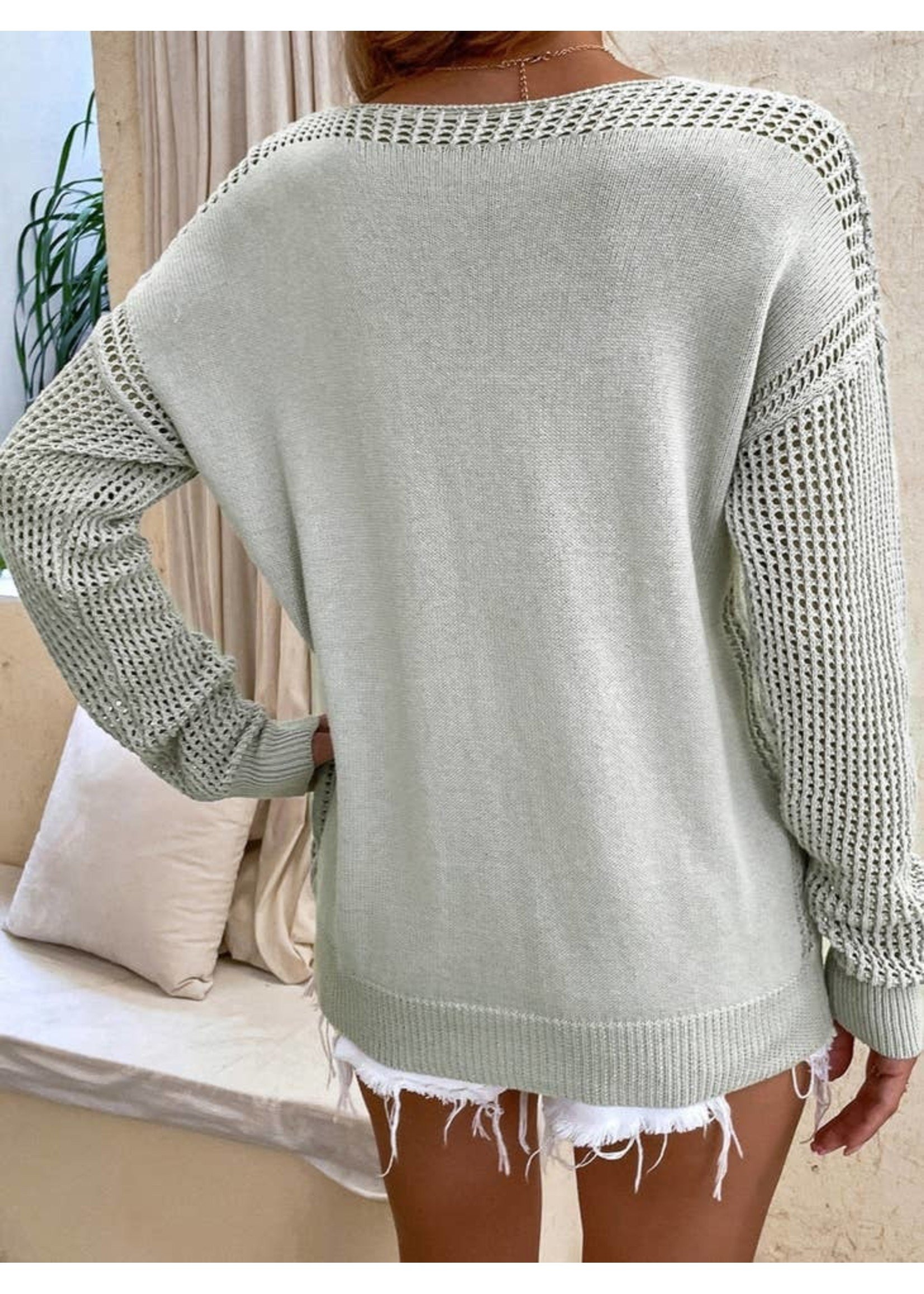 Anna Kaci Textured Crochet Knit Sleeve Sweater