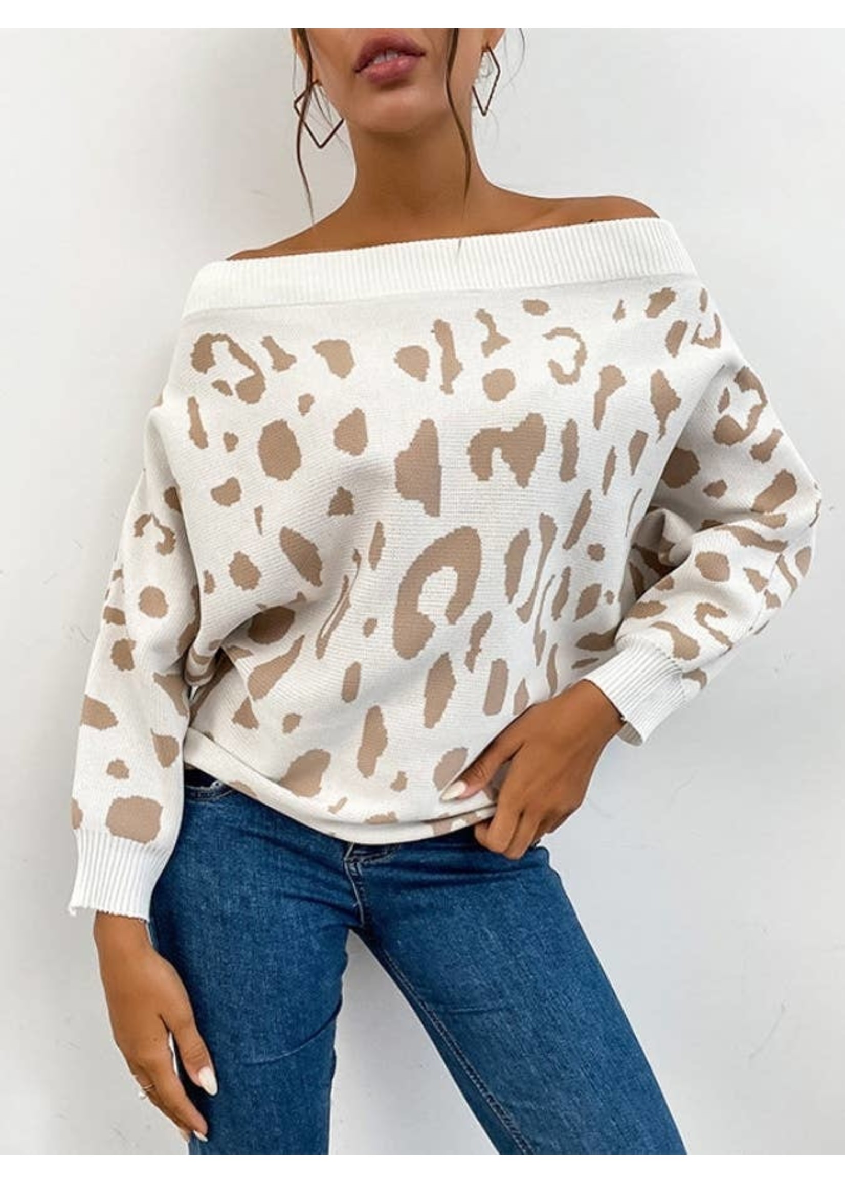 Anna Kaci Off Shoulder Leopard Sweater
