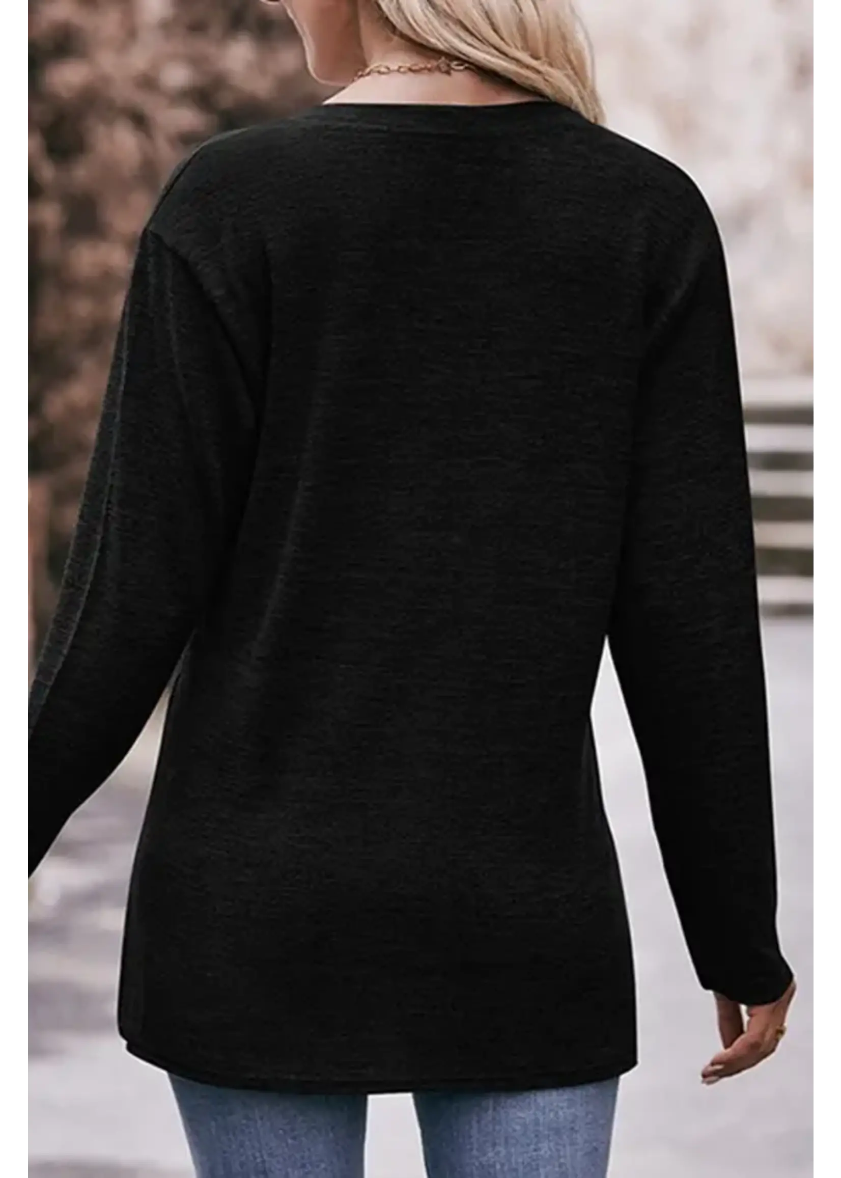 Plain V Neck Buttoned Long Sleeves Top black s