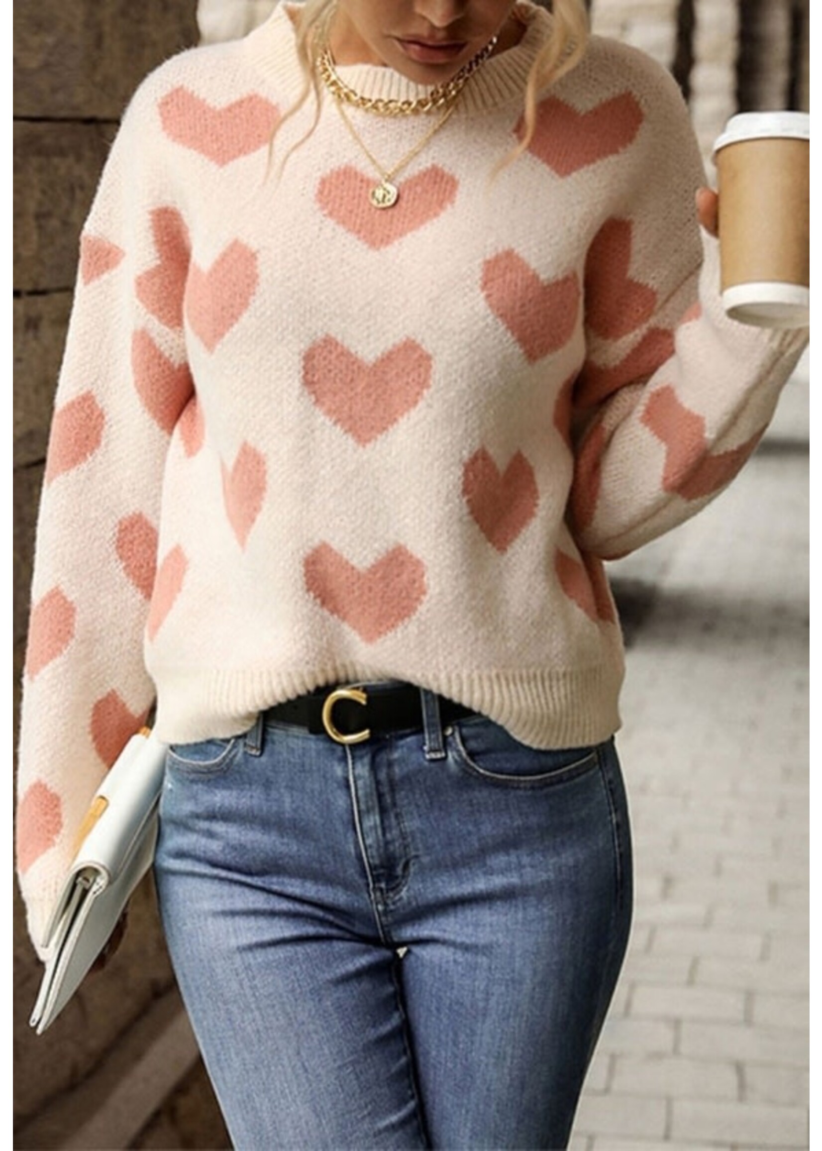 Anna Kaci Heart Print Drop Shoulder Sweater