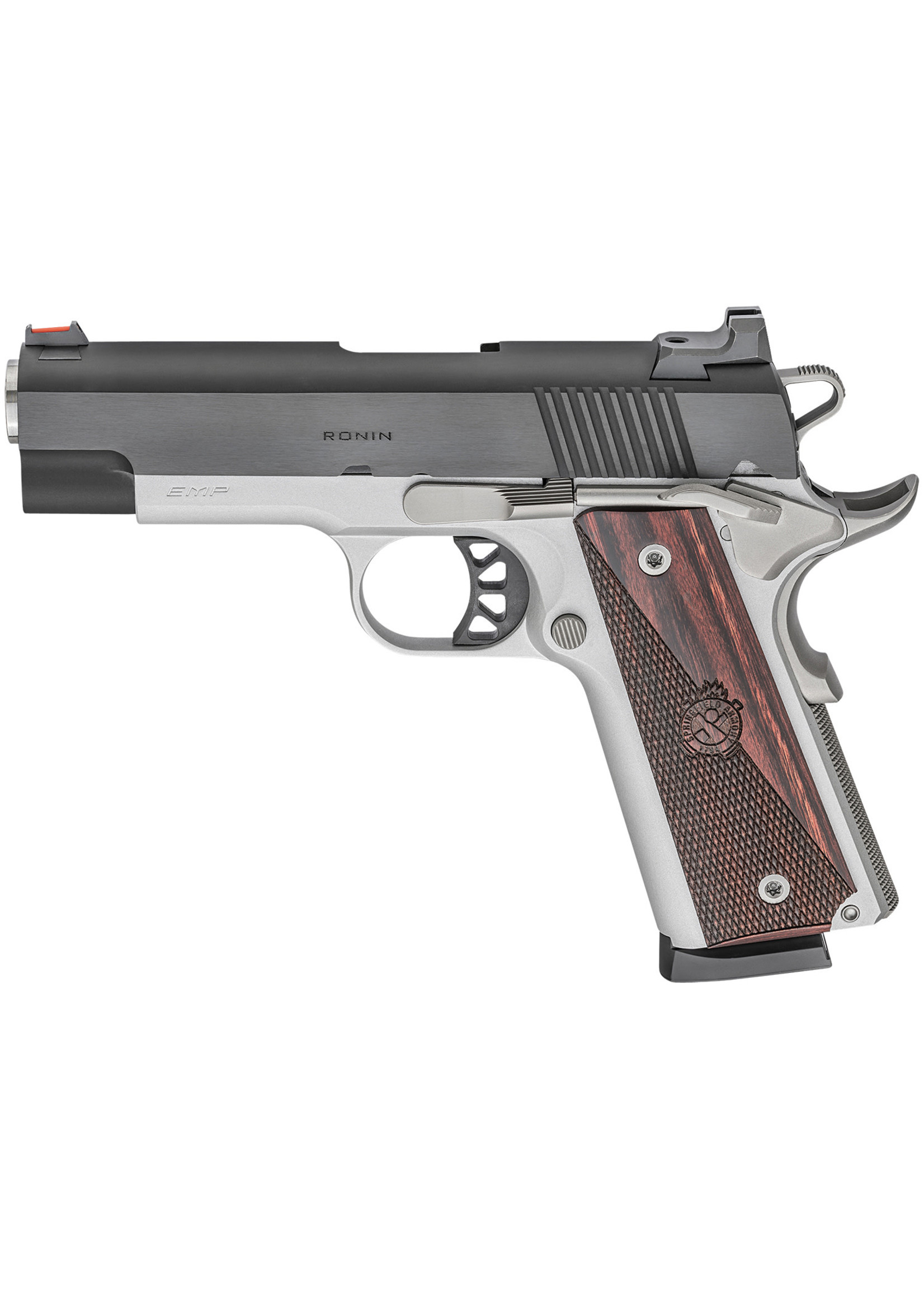 Springfield Armory Springfield Armory 1911 Ronin EMP 9mm Luger Caliber with 4" Barrel, 10+1 Capacity, Satin Aluminum Cerakote Finish Beavertail Frame, Serrated Blued Carbon Steel Slide & Textured Wood Grip