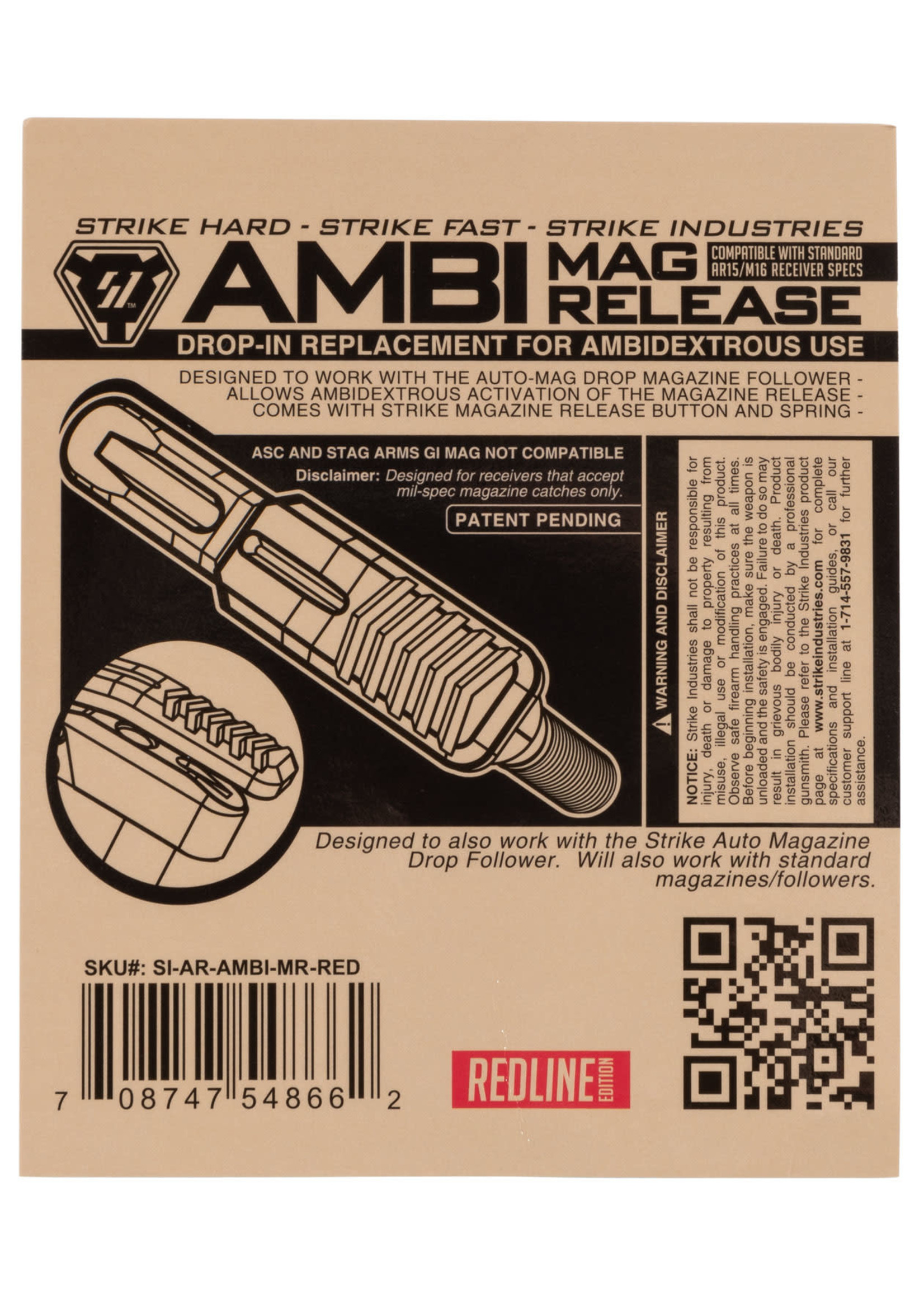 Strike Industries Strike Industries Ambidextrous Magazine Release AR-15, M16 Mil-Spec Red Aluminum