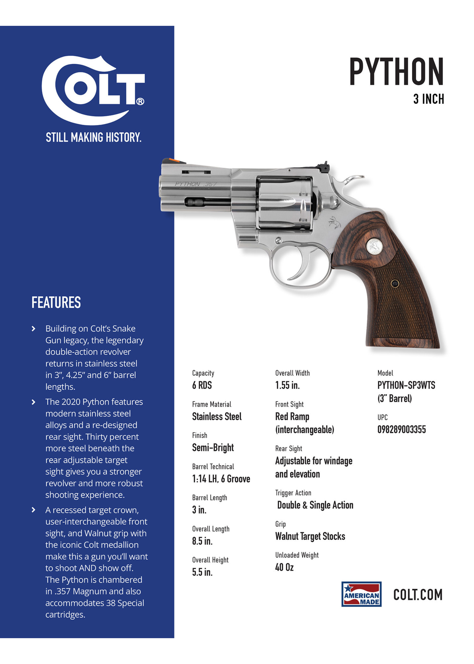 Colt Mfg Colt Python, 357 Mag, 6rd, 3" Barrel, Stainless Steel with Walnut Target Grip