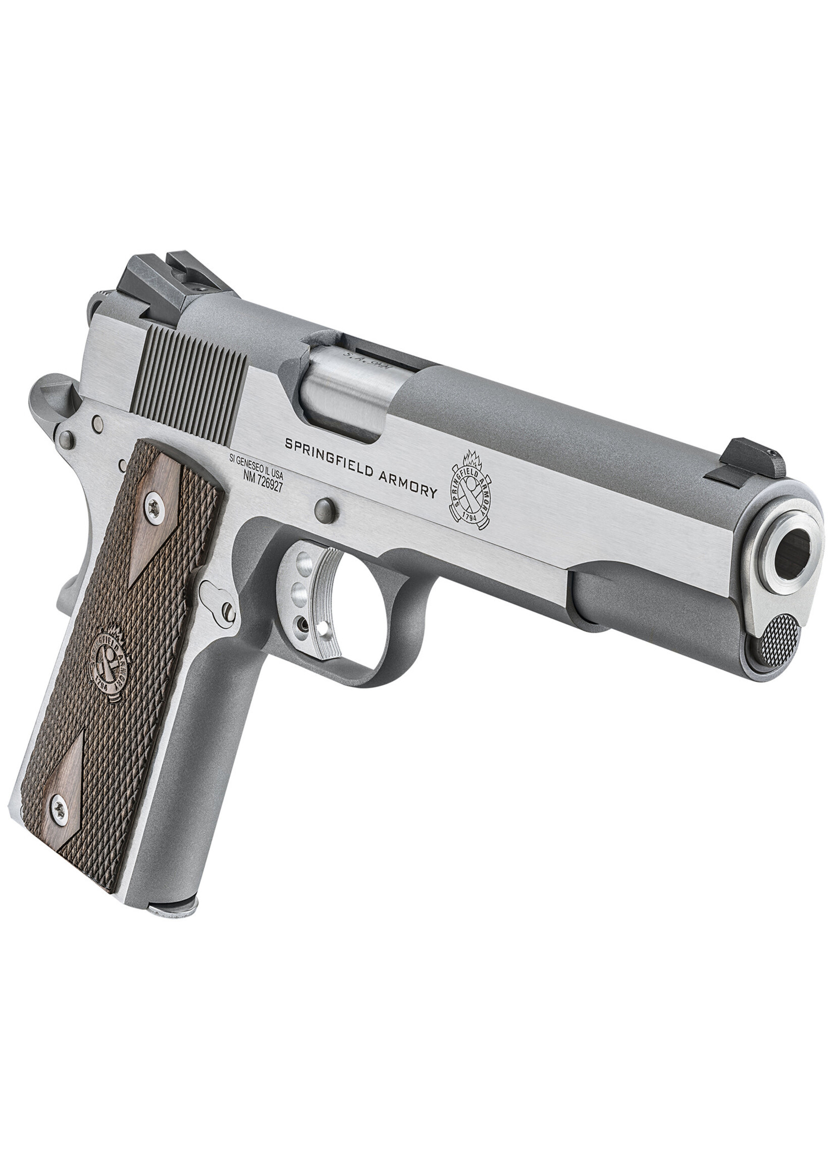 Springfield Armory Springfield Armory PX9419S 1911 Garrison 9mm Luger 9+1 5" Barrel, Matte Rust-Resistant Stainless Steel Frame w/Beavertail, Serrated Slide, Thin-Line Wood Grips Feature Double-Diamond Pattern & Crossed Cannon Logo