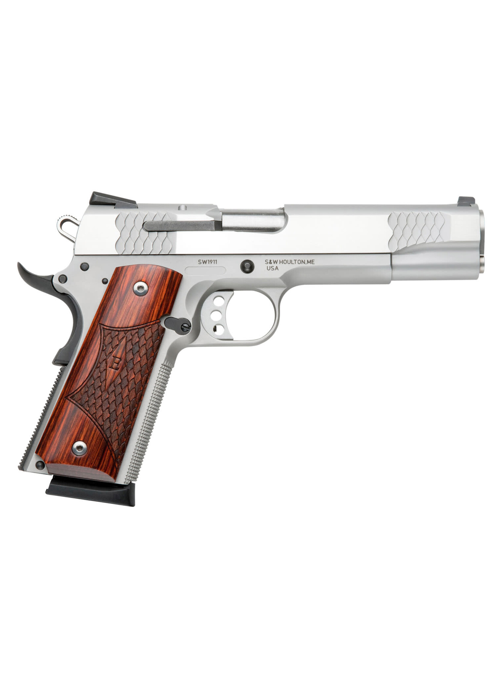 Smith and Wesson (S&W) Smith & Wesson 108482 1911 E-Series 45 ACP 5" Barrel 8+1, Satin Stainless Steel Frame & Slide, Laminate Wood E Series Grip, Manual Grip & Thumb Safety