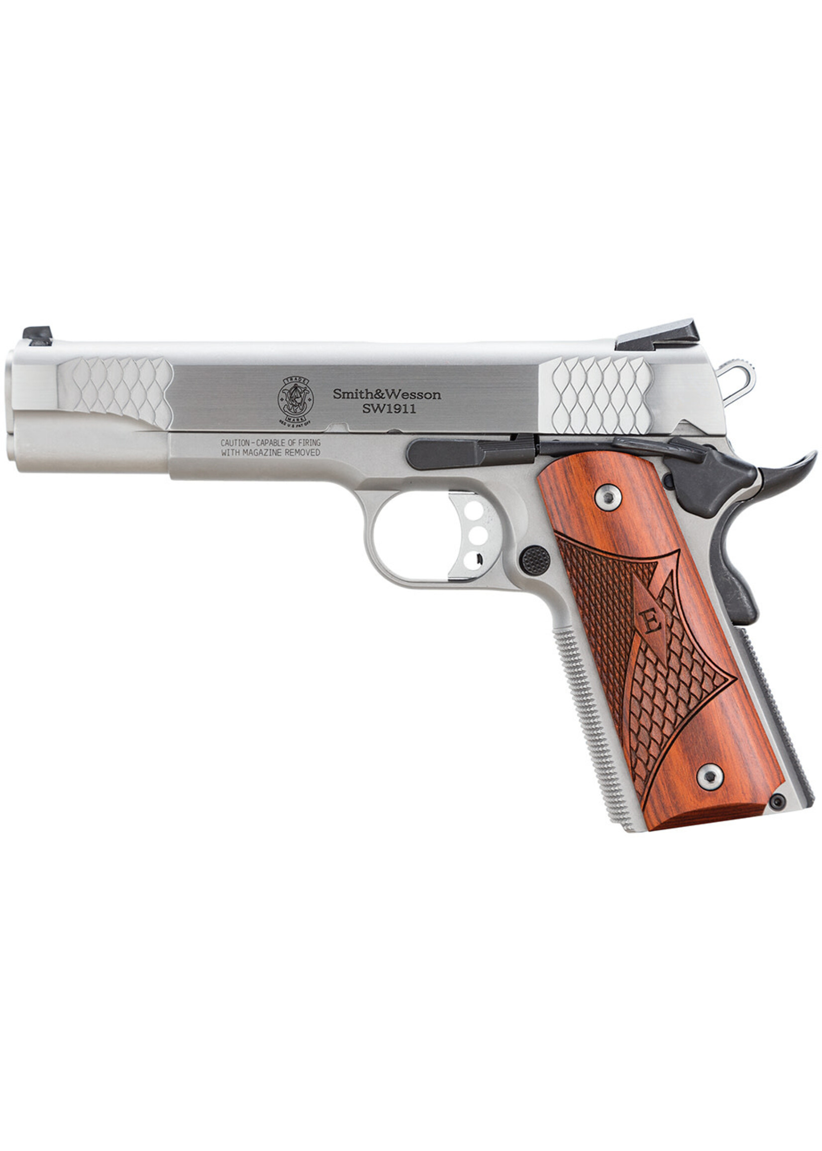Smith and Wesson (S&W) Smith & Wesson 108482 1911 E-Series 45 ACP 5" Barrel 8+1, Satin Stainless Steel Frame & Slide, Laminate Wood E Series Grip, Manual Grip & Thumb Safety