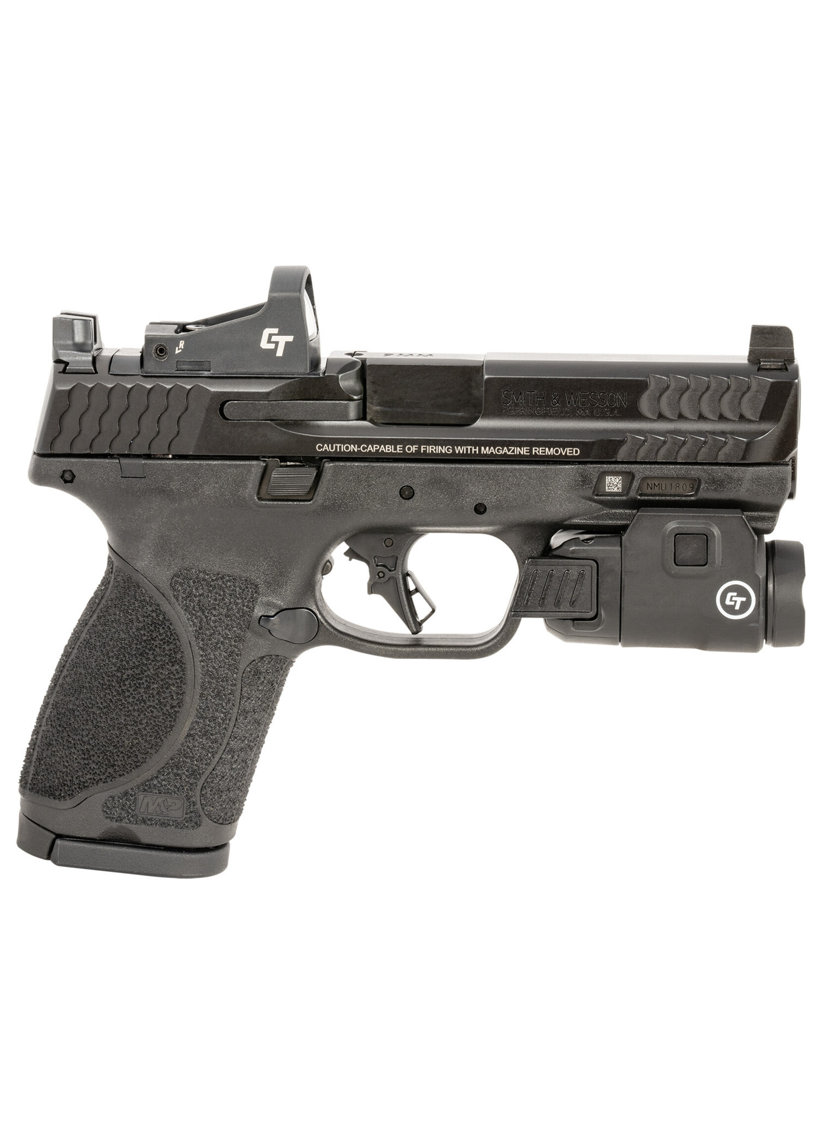 Smith and Wesson (S&W) SPECIAL ORDER Smith & Wesson 13948 M&P 2.0 Bundle Compact 9mm Luger 15+1 4" Black Steel Barrel, Black Armornite Optic Ready/Serrated Slide, Black Polymer Frame w/Picatinny Rail, Features Crimson Trace CMR-209 Rail Master Tactical Light &