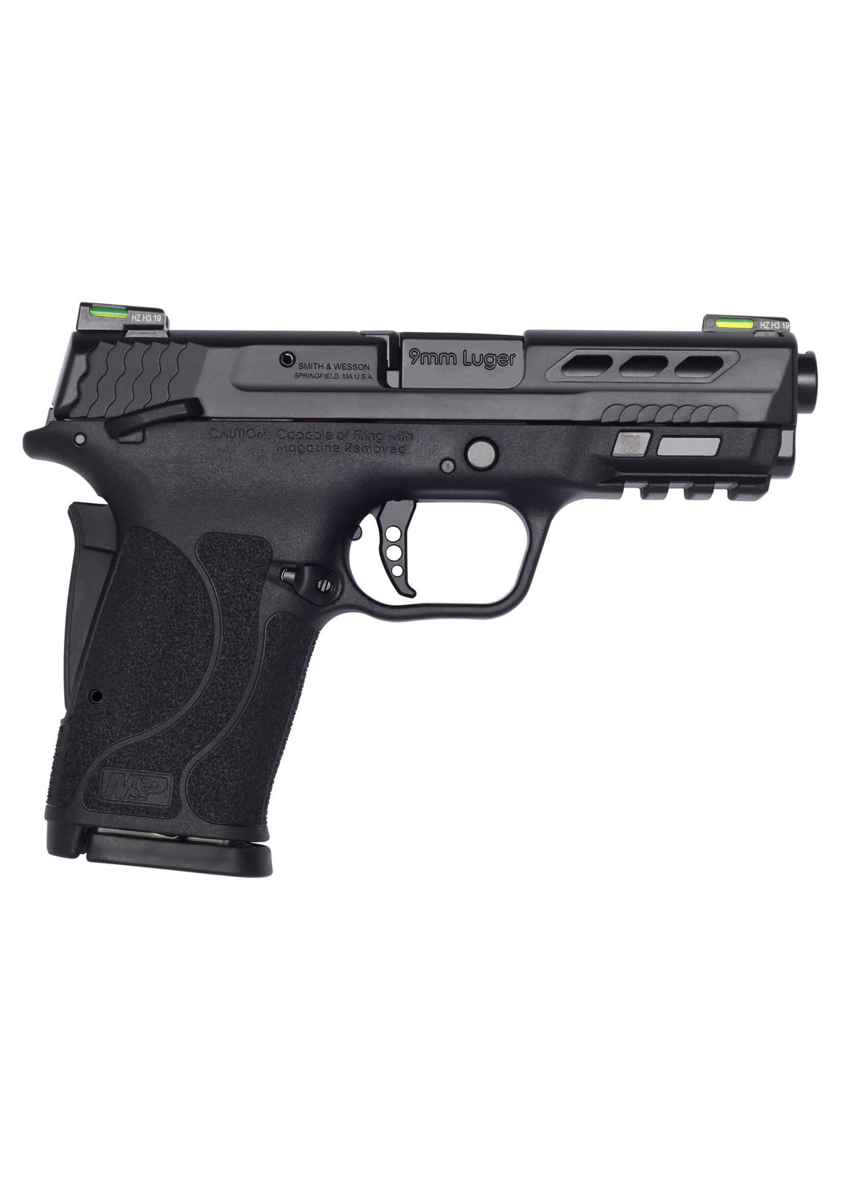 Smith and Wesson (S&W) Smith & Wesson 13223 M&P Performance Center Shield EZ M2.0 9mm Luger 3.80" Ported Barrel 8+1, Black Polymer Frame With Picatinny Acc. Rail, Lightening Cut Armornite Slide, HiViz Litewave H3 Sights, Manual Safety