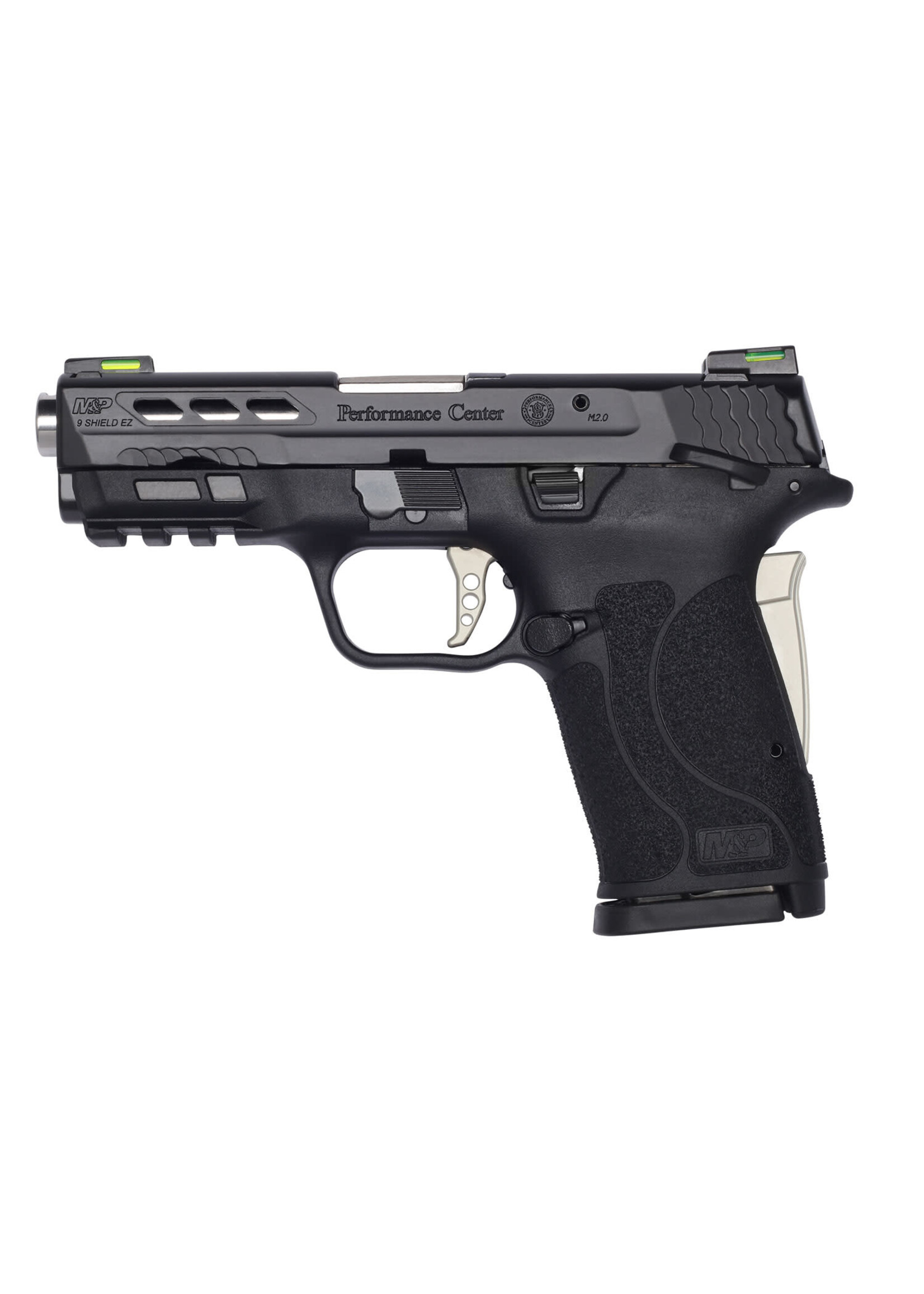 Smith and Wesson (S&W) Smith & Wesson 13225 M&P Performance Center Shield EZ M2.0 9mm Luger 3.80" Ported Barrel 8+1 Black Polymer Frame With Picatinny Acc. Rail, Lightening Cut Armornite Slide, Silver Accents, HiViz Litewave H3 Sights, Manual Safety