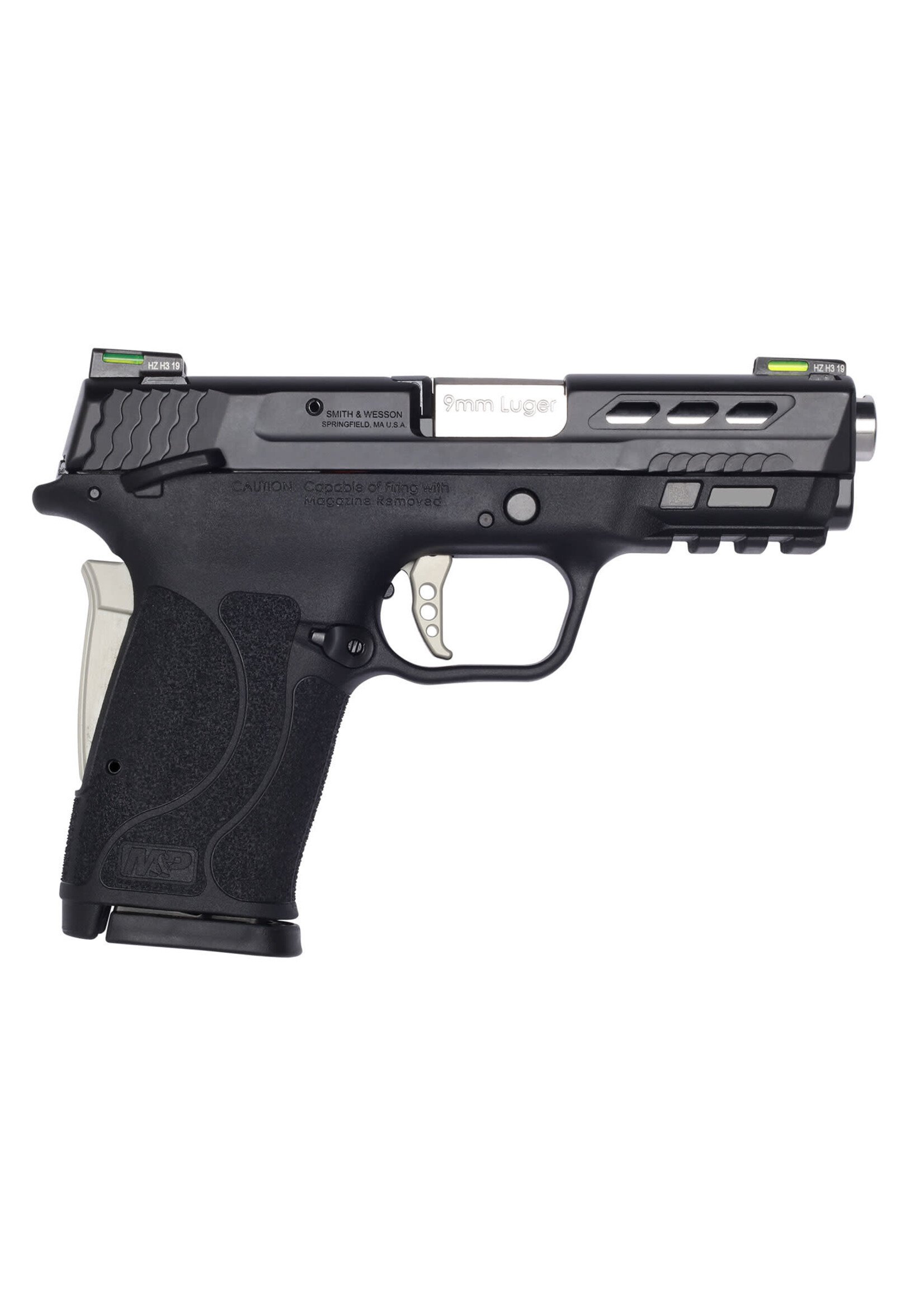 Smith and Wesson (S&W) Smith & Wesson 13225 M&P Performance Center Shield EZ M2.0 9mm Luger 3.80" Ported Barrel 8+1 Black Polymer Frame With Picatinny Acc. Rail, Lightening Cut Armornite Slide, Silver Accents, HiViz Litewave H3 Sights, Manual Safety