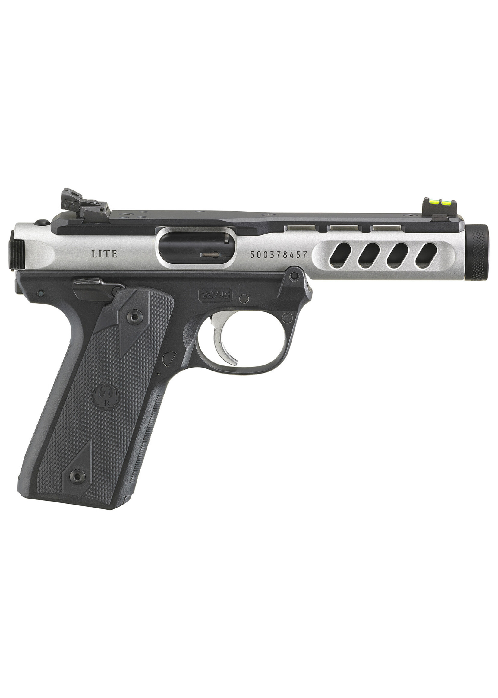 Ruger Ruger 43949 Mark IV 22/45 Lite 22 LR 10+1 4.40" Stainless Steel Threaded Barrel, Black/Stainless Anodized Optic Ready/Serrated/Ventilated Rib Slide, Polymer Frame w/Black Checkered 1911-Style Grips