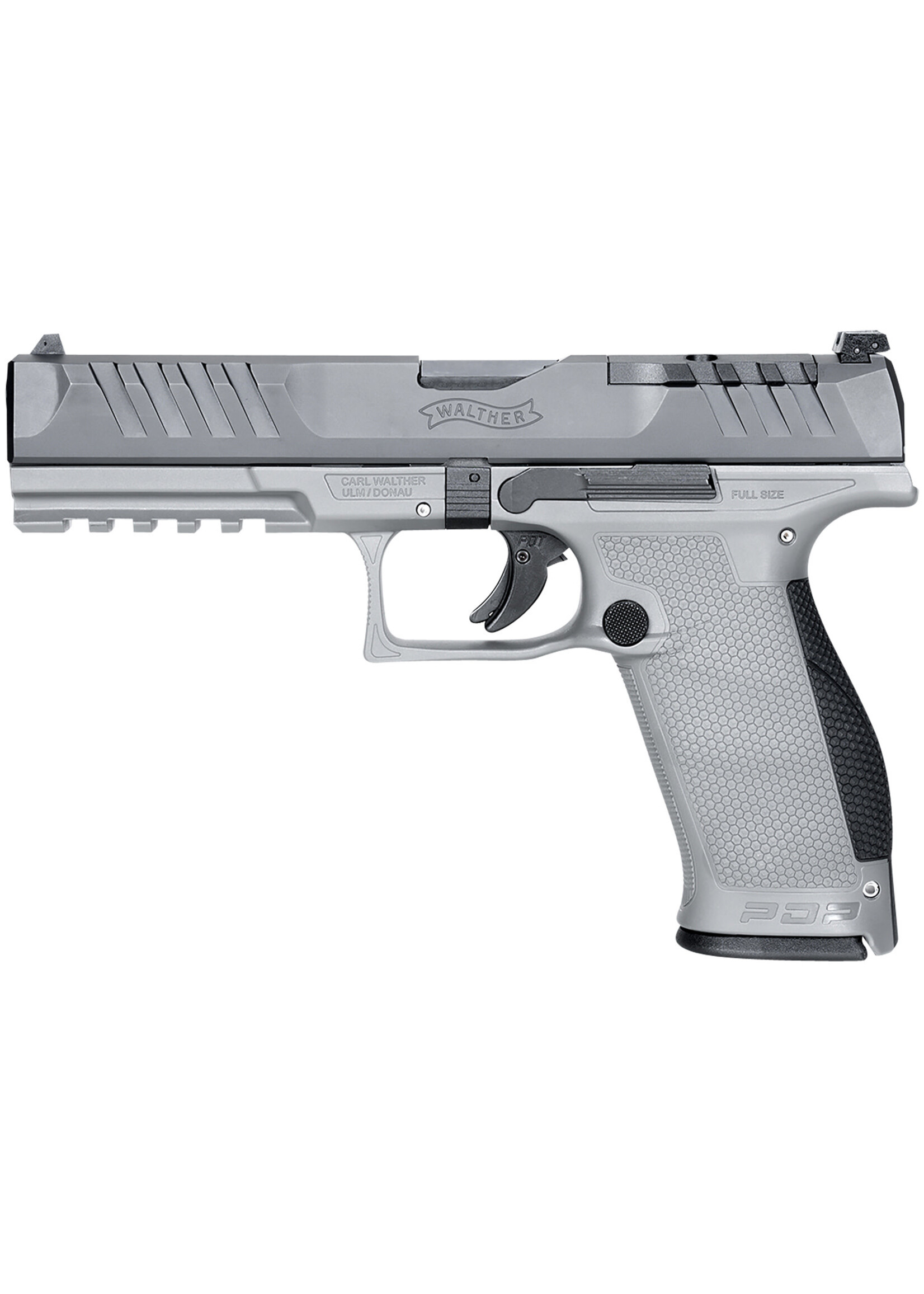 Walther Walther Arms 2858401 PDP Optic Ready 9mm Luger Caliber with 5" Barrel, 18+1 Capacity, Gray Finish Picatinny Rail Frame, Serrated/Optic Cut Black Steel Slide & Performance Duty Textured Black Polymer Grip