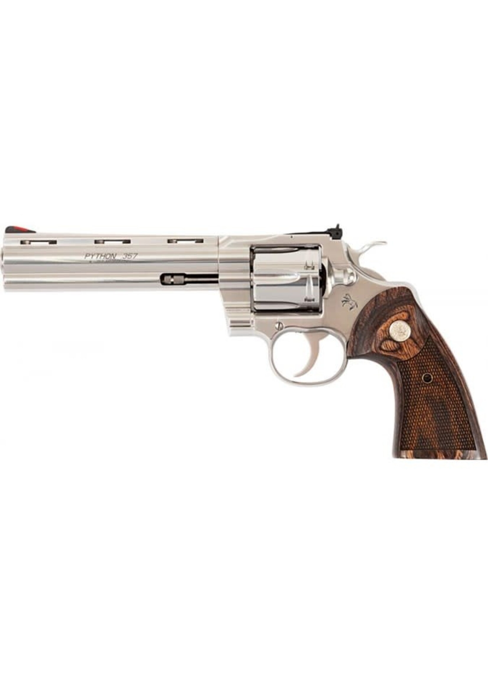Colt Mfg Colt's Manufacturing, Python, Revolver, Double Action Only, 357 Magnum, 6" Barrel, Steel, Stainless Finish, Walnut Grips, Red Ramp Front/Adjustable Rear Sight, 6 Rounds