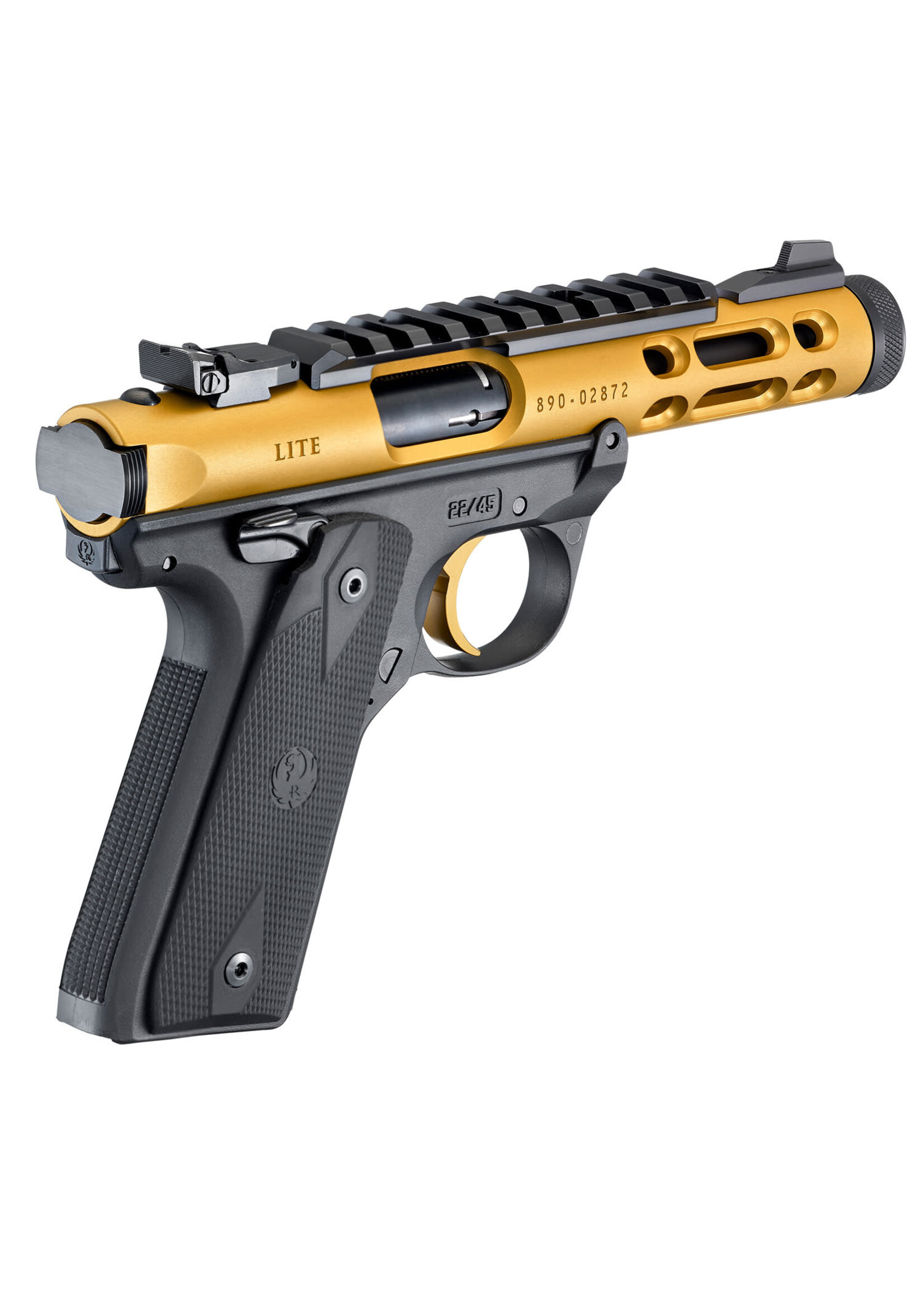 Ruger Ruger 43926 Mark IV 22/45 22 LR 10+1 4.40" Black Steel/Threaded Barrel, Gold Anodized Ventilated Aluminum w/Picatinny Rail Slide, Checkered 1911-Style Panel Grip
