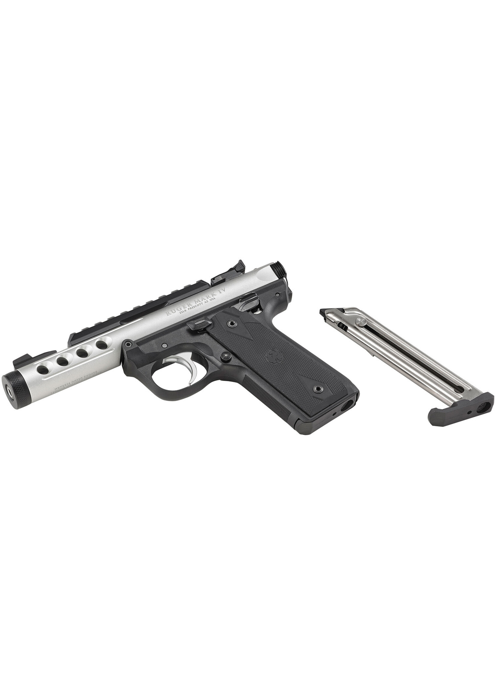Ruger Ruger 43945 Mark IV 22/45 Lite 22 LR 10+1 4.40" Satin Stainless Steel/Threaded Barrel, Clear Anodized Aluminum Slide Black Black Polymer Ventilated Aluminum w/Picatinny Rail Receiver Checkered 1911-Style Panel Grip