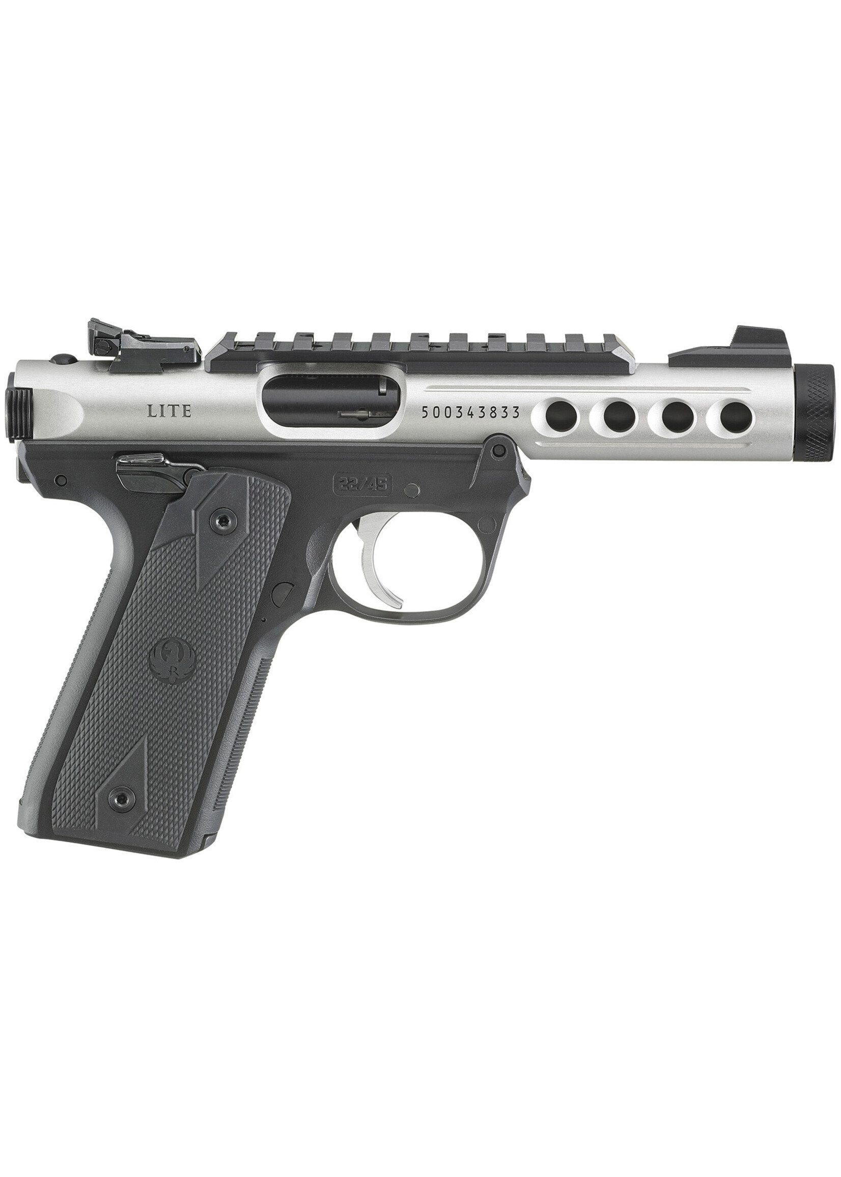 Ruger Ruger 43945 Mark IV 22/45 Lite 22 LR 10+1 4.40" Satin Stainless Steel/Threaded Barrel, Clear Anodized Aluminum Slide Black Black Polymer Ventilated Aluminum w/Picatinny Rail Receiver Checkered 1911-Style Panel Grip
