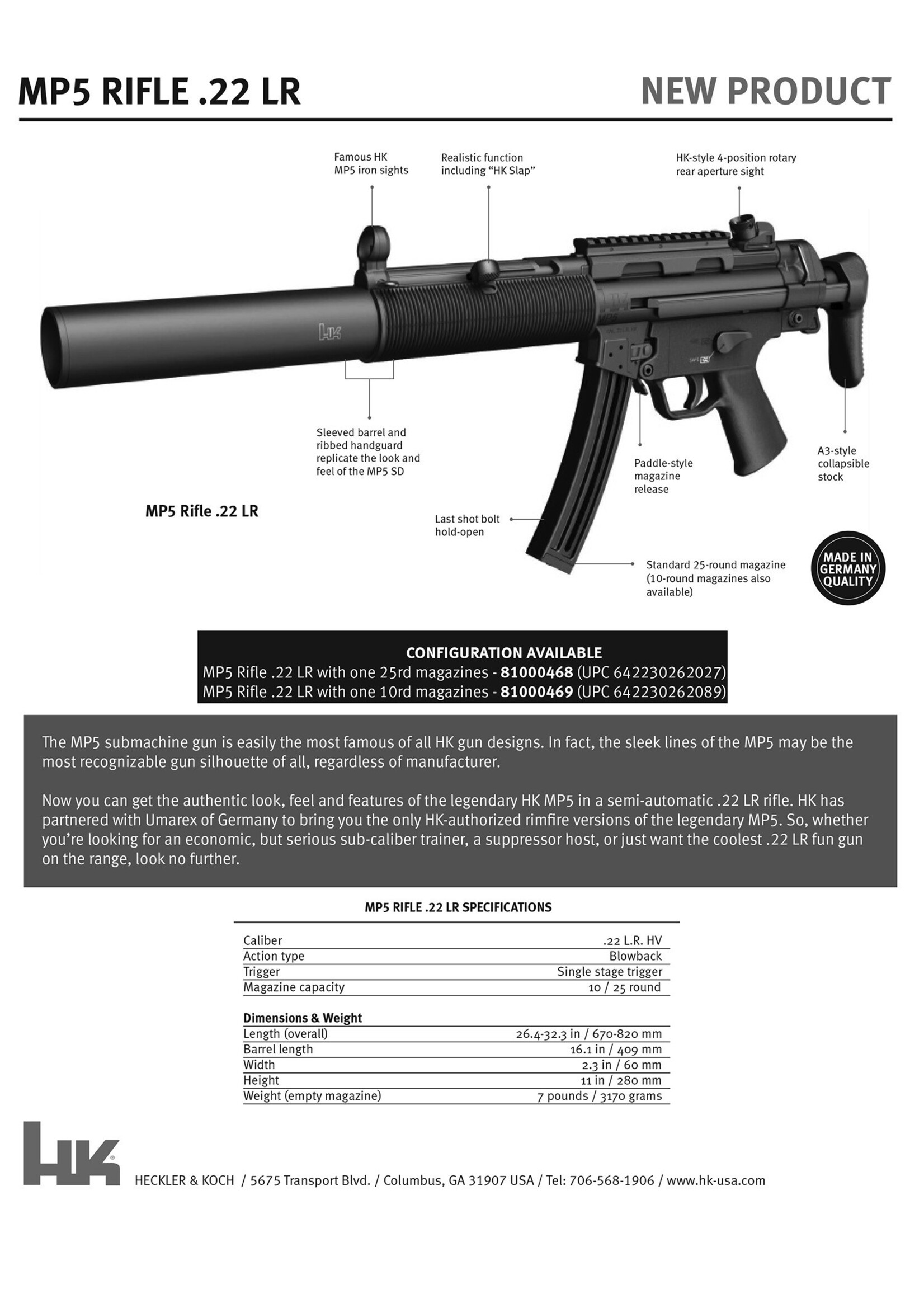 Heckler and Koch (HK) HK 81000468 MP5 22 LR 25+1 16.10"  Black Retractable Stock Right Hand