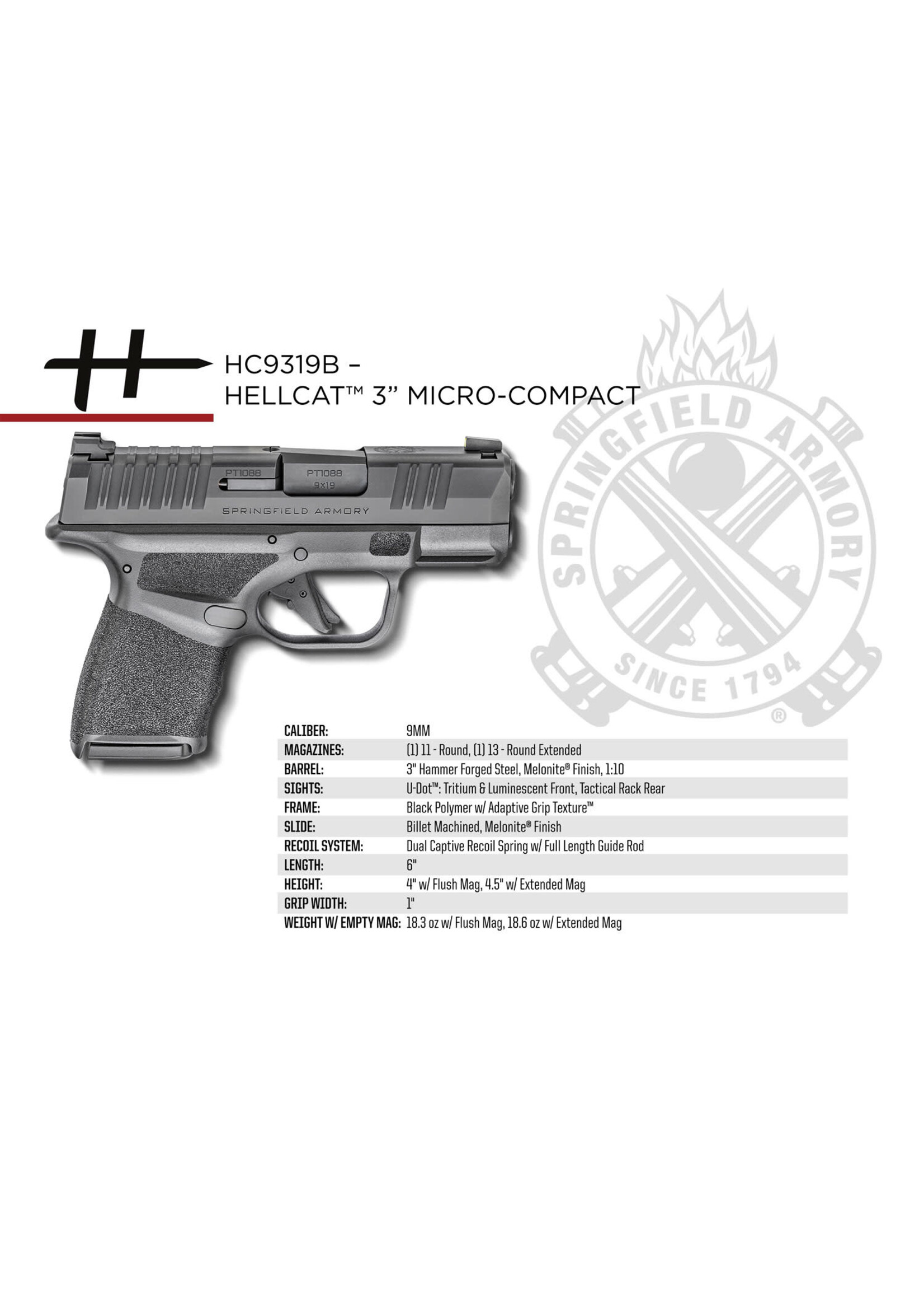Springfield Armory Springfield Armory HC9319B Hellcat Micro-Compact 9mm Luger 11+1/13+1, 3" Black Melonite Hammer Forged Barrel, Black Melonite Serrated Slide, Black Polymer Frame w/Picatinny Rail, Adaptive Textured Polymer Grip, Right Hand
