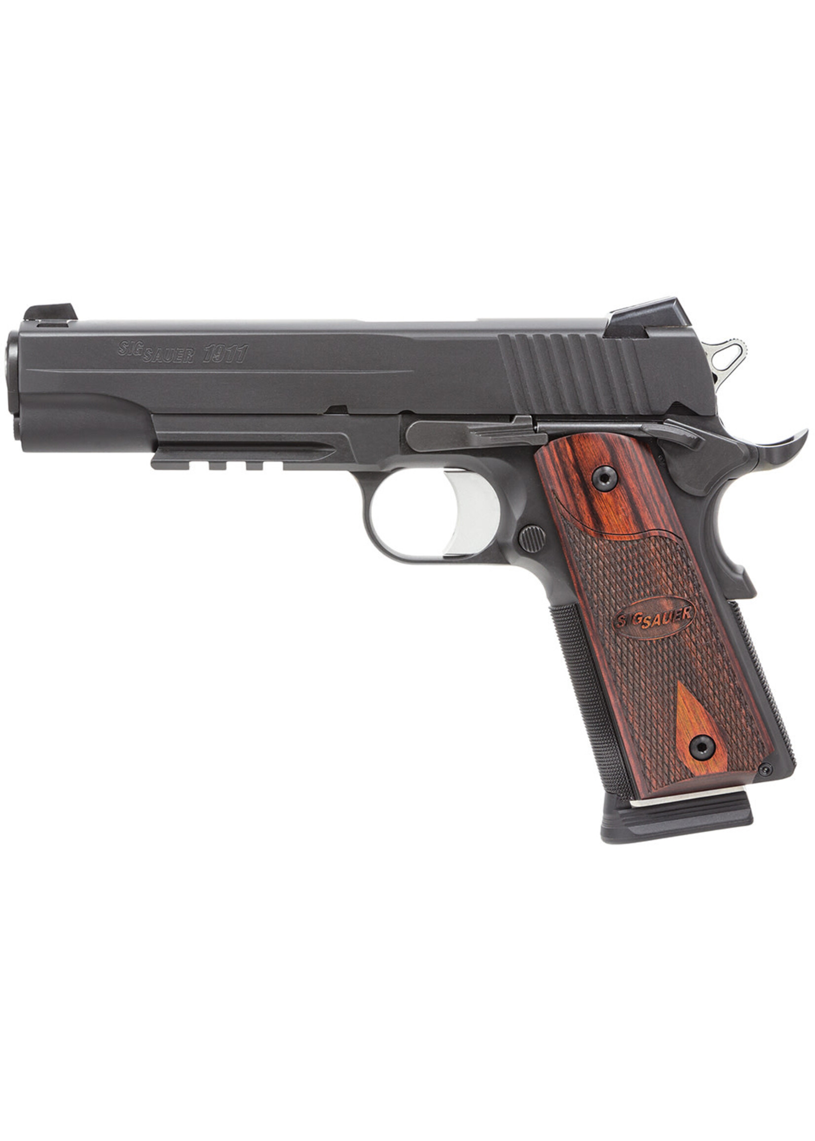 Sig Sauer Sig Sauer 1911R45BSSCA 1911 *CA Compliant Full Size Frame 45 ACP 8+1, 5" Stainless Carbon Steel Barrel, Black Nitron Serrated Stainless Steel Slide, Black Nitron Stainless Steel Frame w/Beavertail & Picatinny Rail, Rosewood Grip Grip Safety