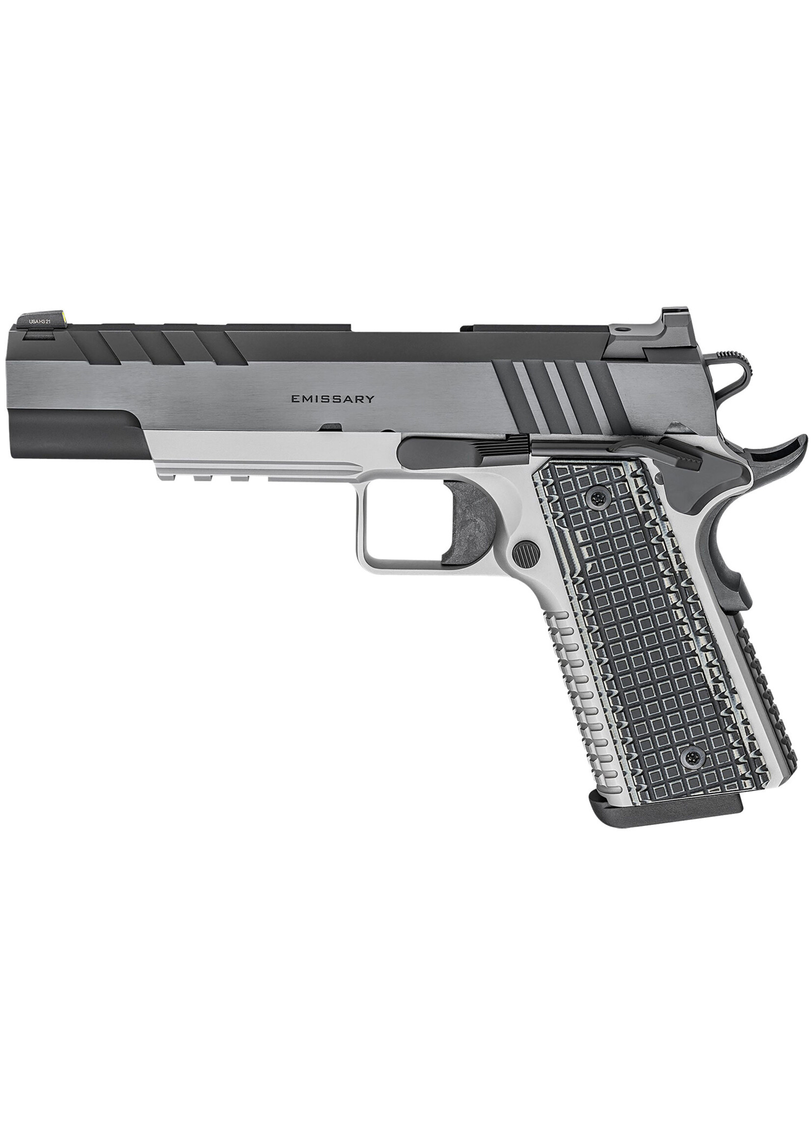 Springfield Armory Springfield Armory PX9219L 1911 Emissary 9mm Luger 9+1, 5" Stainless Match Grade Bull Steel Barrel, Blued/Stainless Serrated/Tri-Top Cut Steel Slide, Stainless Steel Frame w/Beavertail & Picatinny Rail, Black VZ Thin-Line G10 Grip, Right Hand